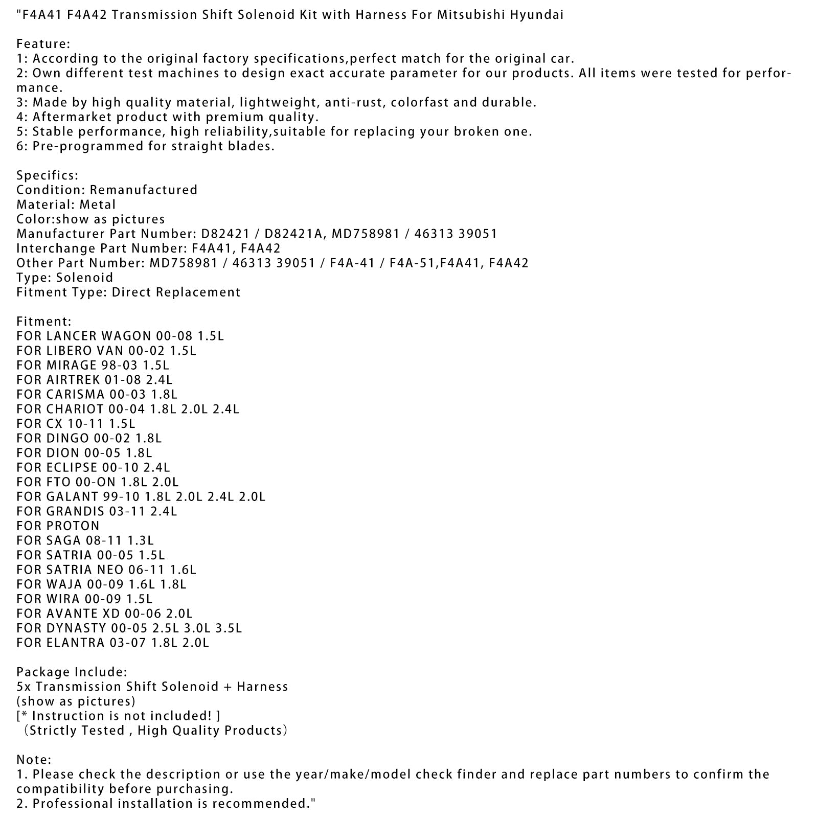 Kit solénoïde de changement de vitesse avec faisceau de câbles pour GRANDIS 2,4 L 2003-2011 F4A41 F4A42