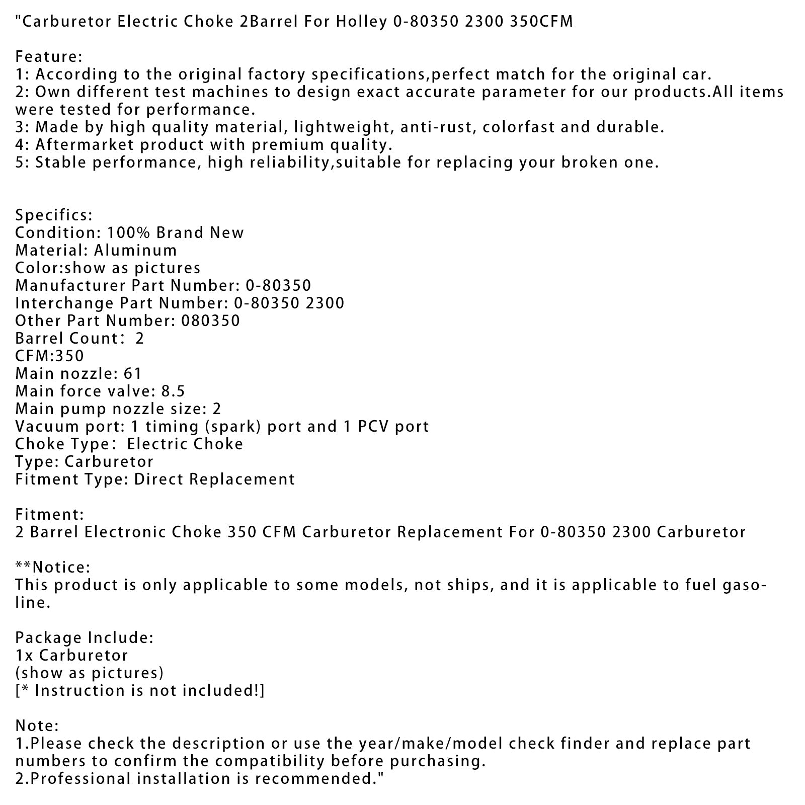 Carburador de estrangulador eléctrico de 2 barriles para Holley 0-80350 2300 350CFM