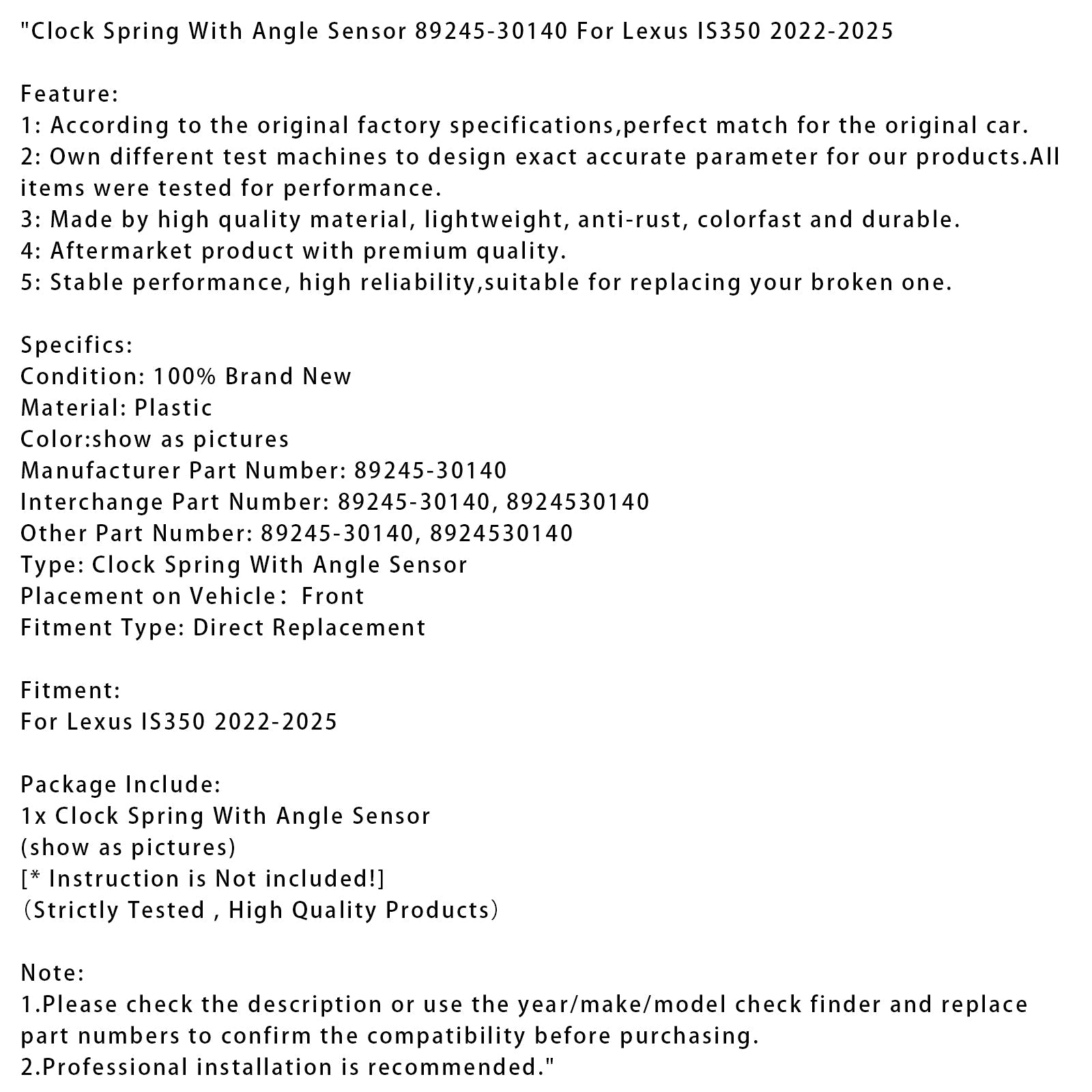 Muelle de retorno con sensor de ángulo para Lexus IS350 (2022-2025) - Número de pieza 89245-30140