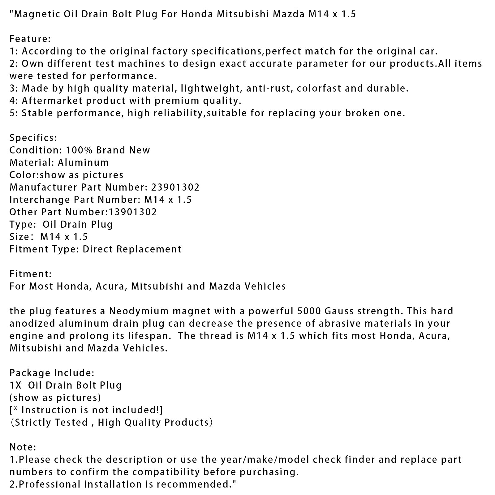 Izpustni čep d&Magnetno olje za Honda, Mitsubishi, Mazda M14 x 1.5