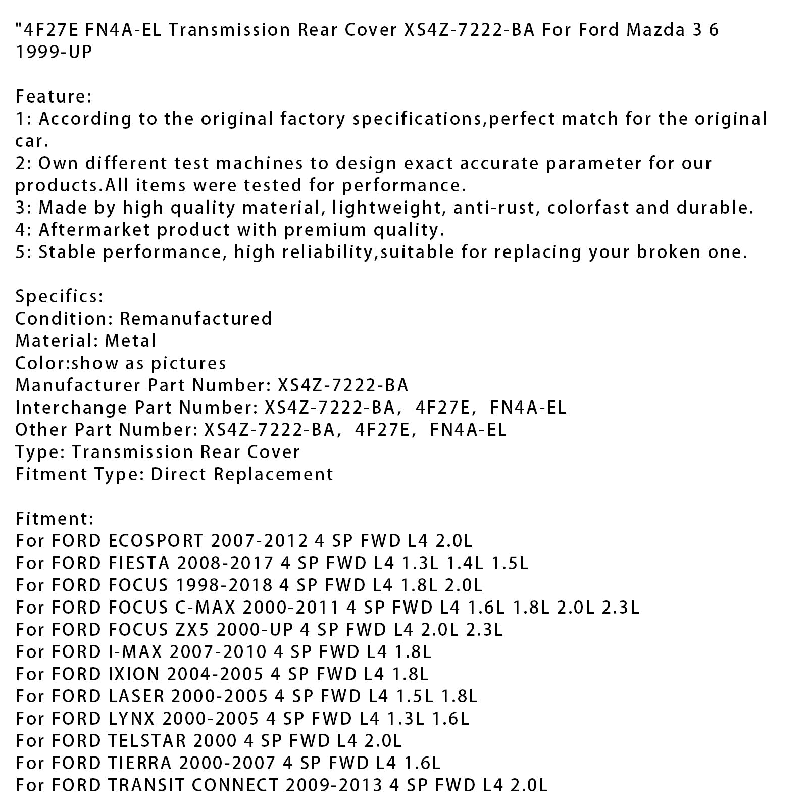 Couvercle de transmission arrière pour Mazda 5 / PREMACY 4 SP F/4WD L4 2.0L 1999-2017 4F27E FN4A-EL