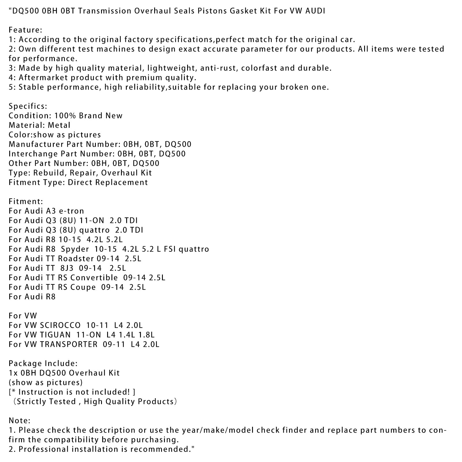 Kit de joints de révision de transmission, pistons et joints pour Audi TT RS Coupé 2.5L 2009-2014 DQ500 0BH 0BT