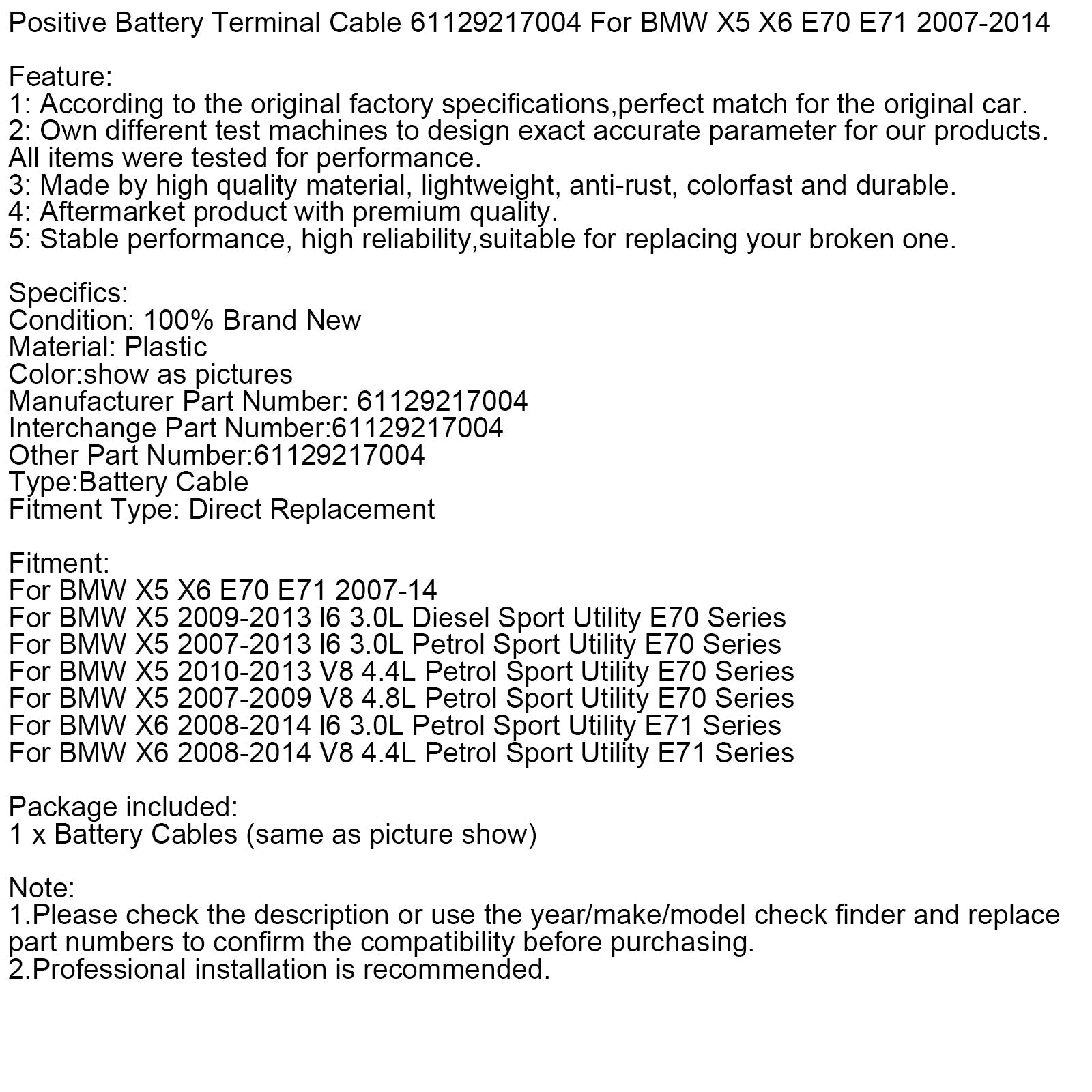 Câble de borne positive de batterie 61129217004 pour BMW X5 X6 E70 E71 2007-2014