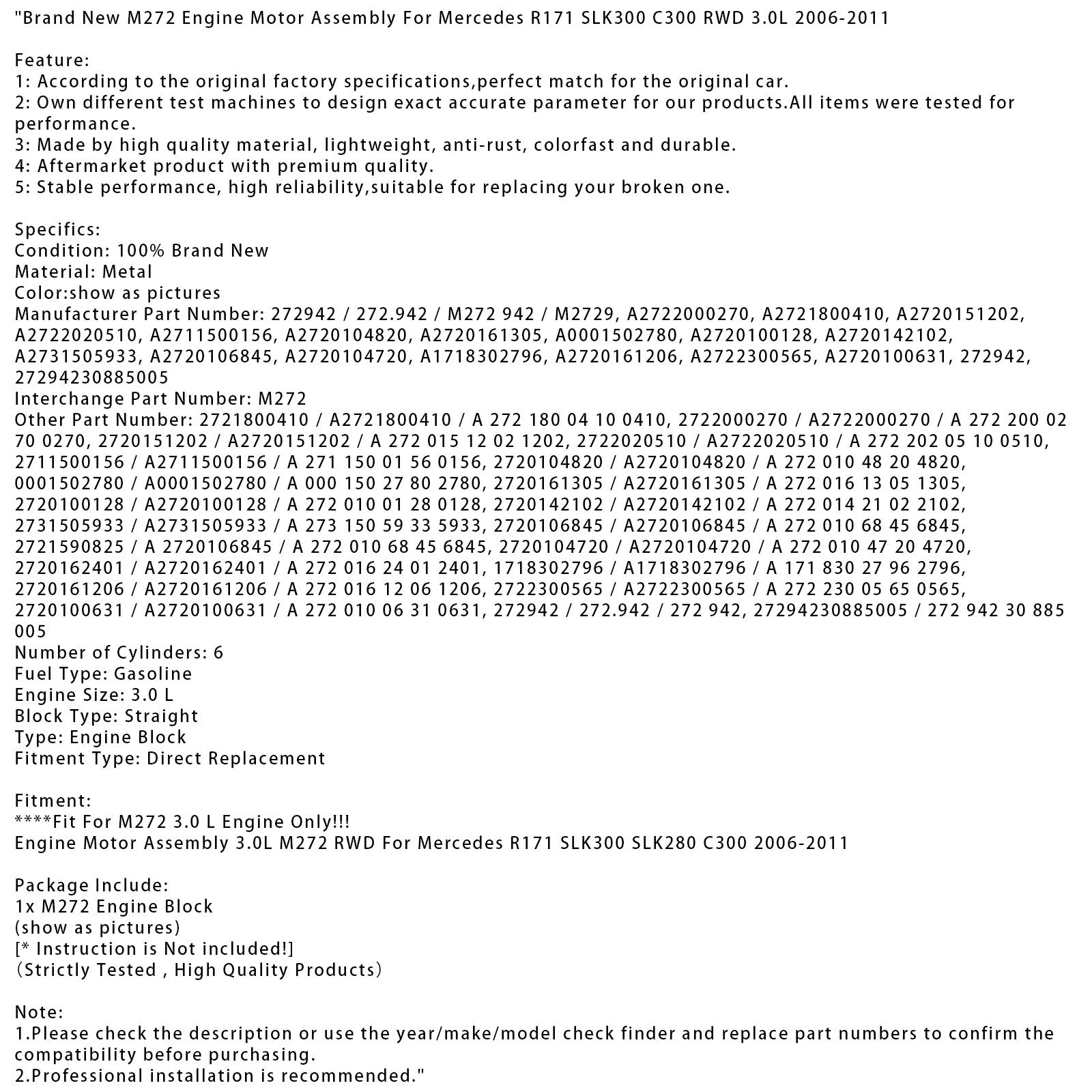 New M272 Engine Motor Assembly Pour Mercedes R171 SLK300 C300 RWD 3.0L 2006-2011