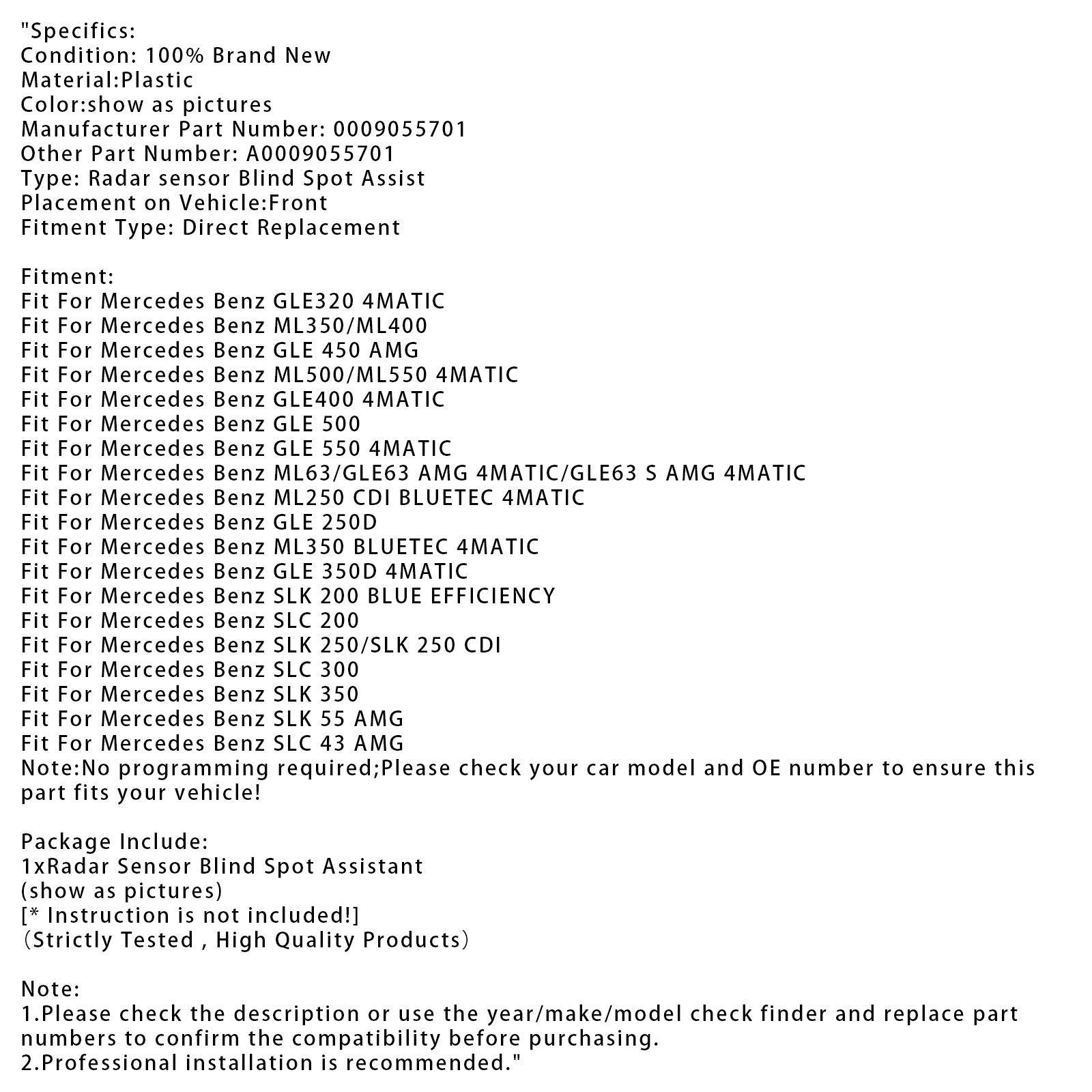 Radarsensor d'dode hoek nieuwe Mercedes Benz ML250 CDI BLUETEC 4MATIC 0009055701