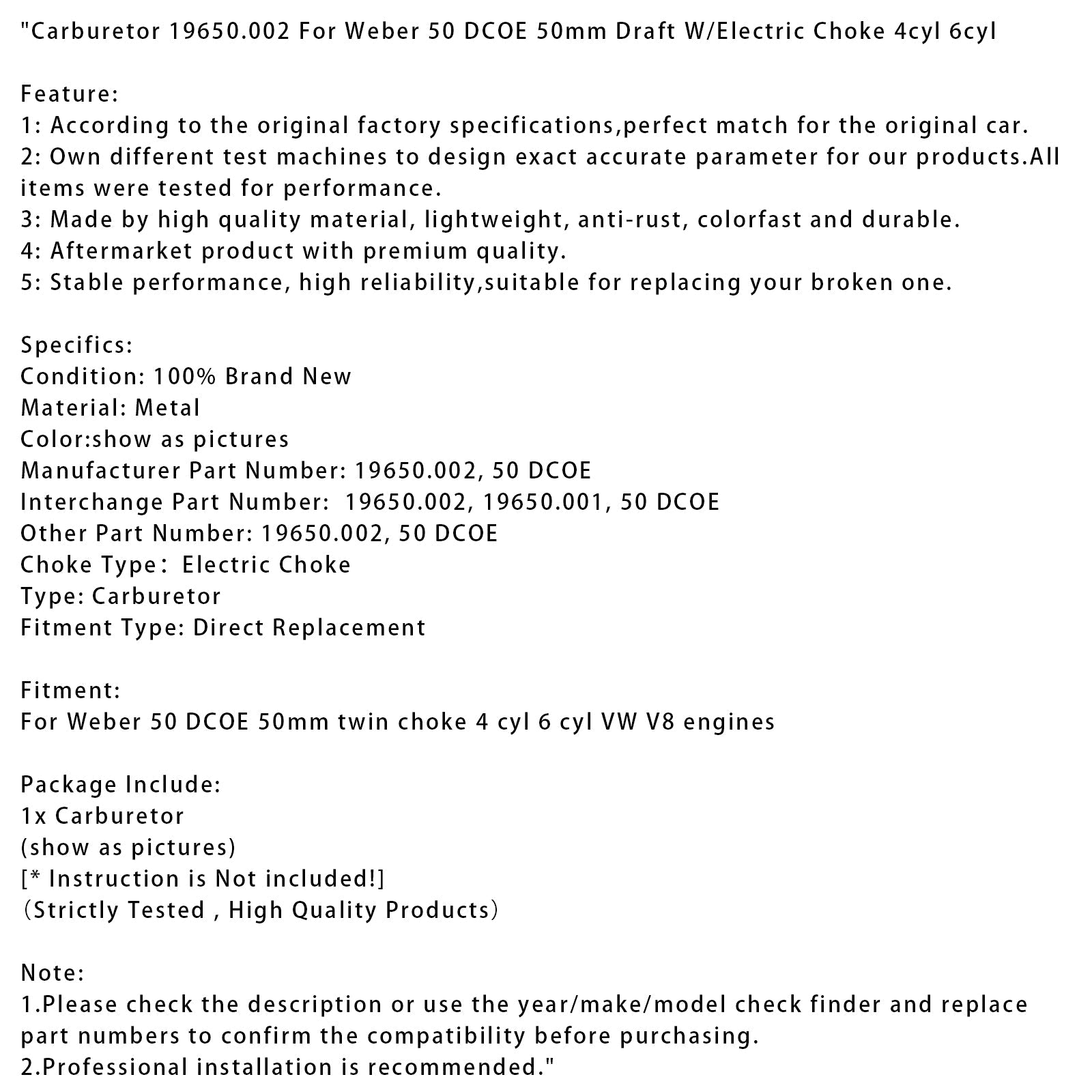 Carburateur 19650.002 pour Weber 50 DCOE 50 mm de tirage avec starter électrique 4 et 6 cylindres