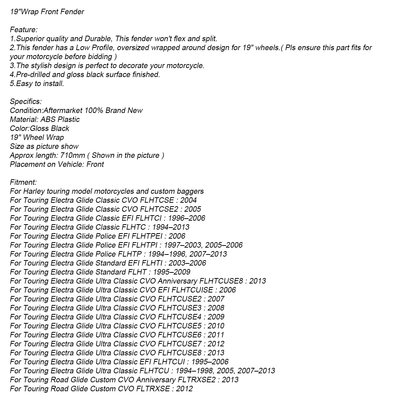 Prilagodljivo sprednje krilo - za Harley Touring Electra/Street/Road Glide (velika združljivost)