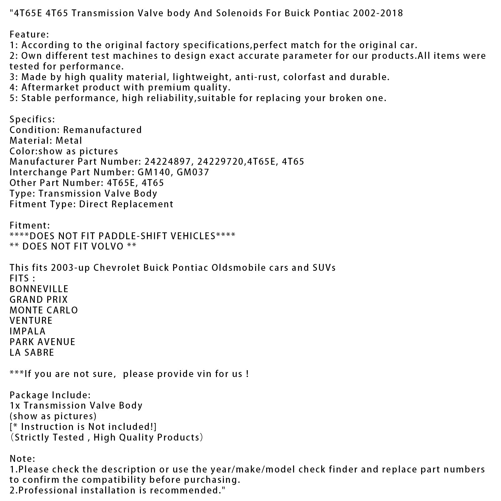 Corpi valvola e solenoidi della trasmissione Buick Pontiac 4T65E 4T65 (2002-2018)