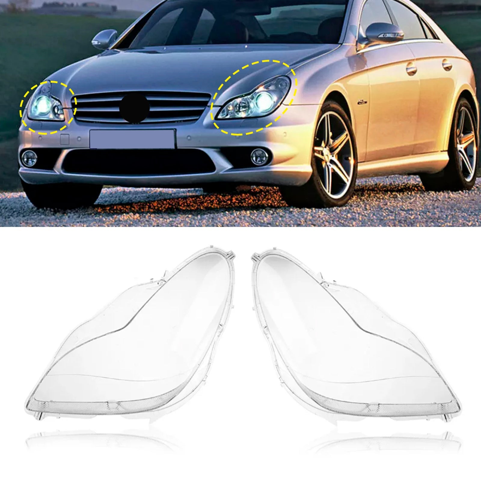 Set di 2 coperture trasparenti per fari anteriori Mercedes W219 CLS350 CLS500 (2006-2011)