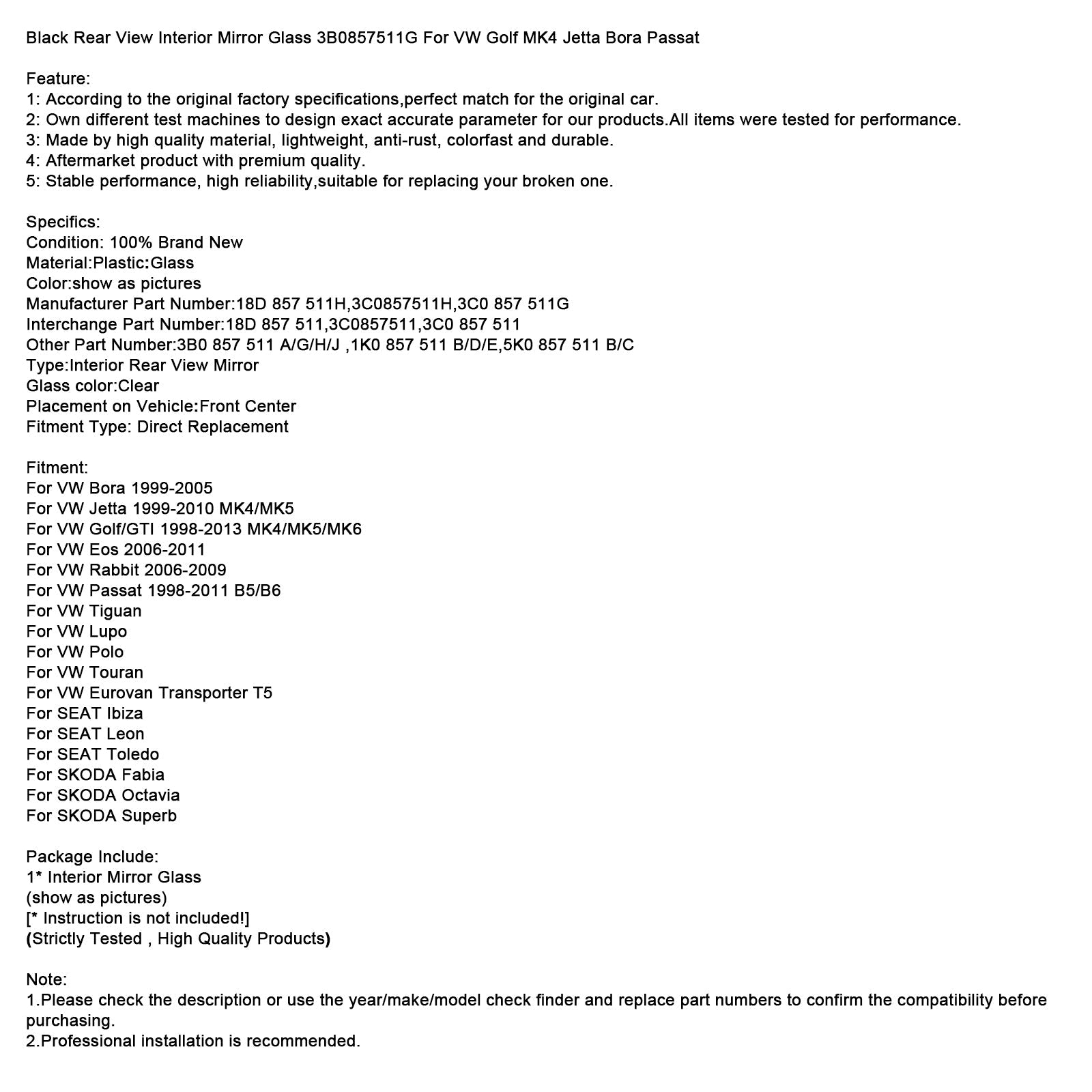 Črno notranje vzvratno ogledalo 3B0857511G za VW Golf MK4 Jetta Passat