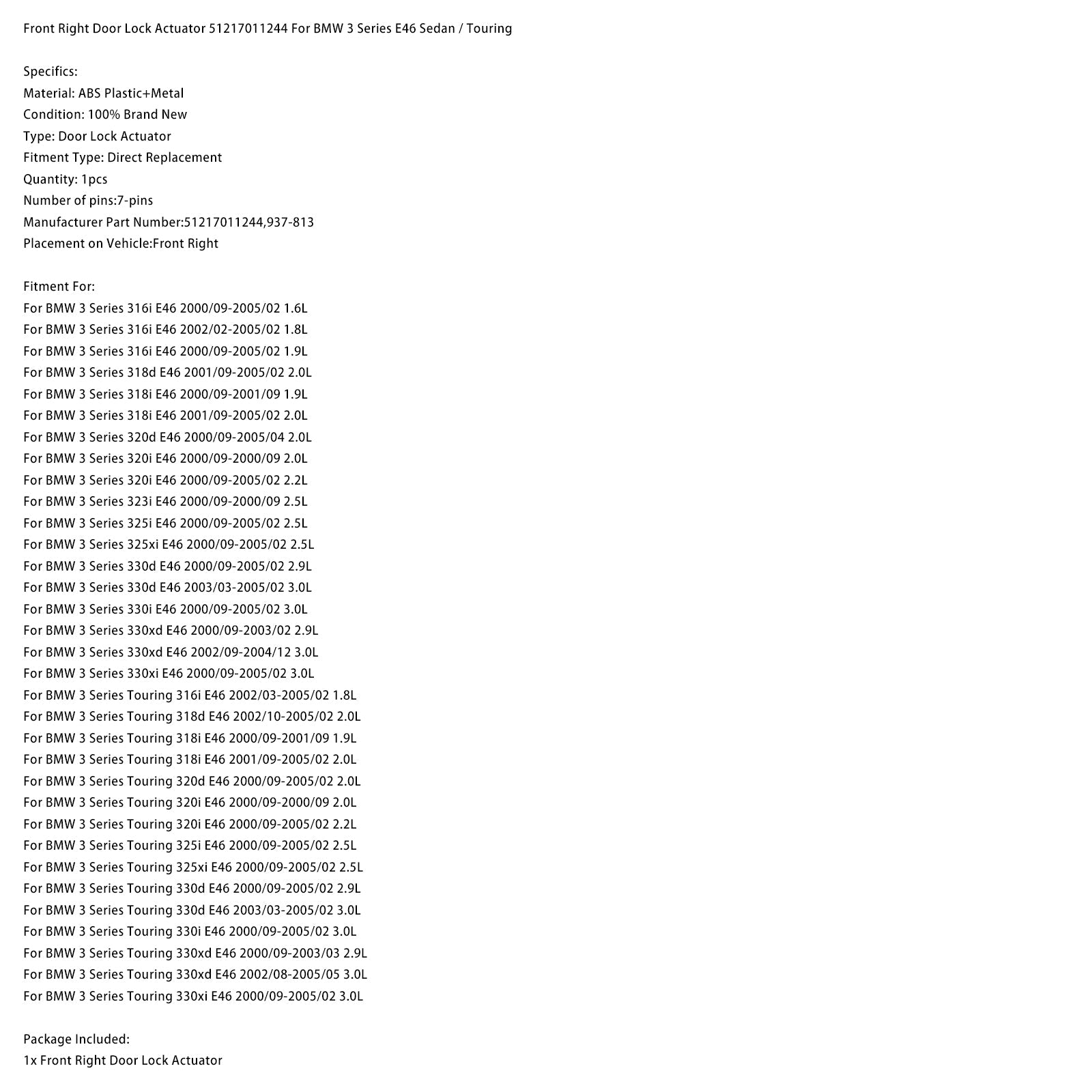 Actionneur de verrouillage de porte avant droite 51217011244 pour BMW Série 3 E46 Berline / Touring