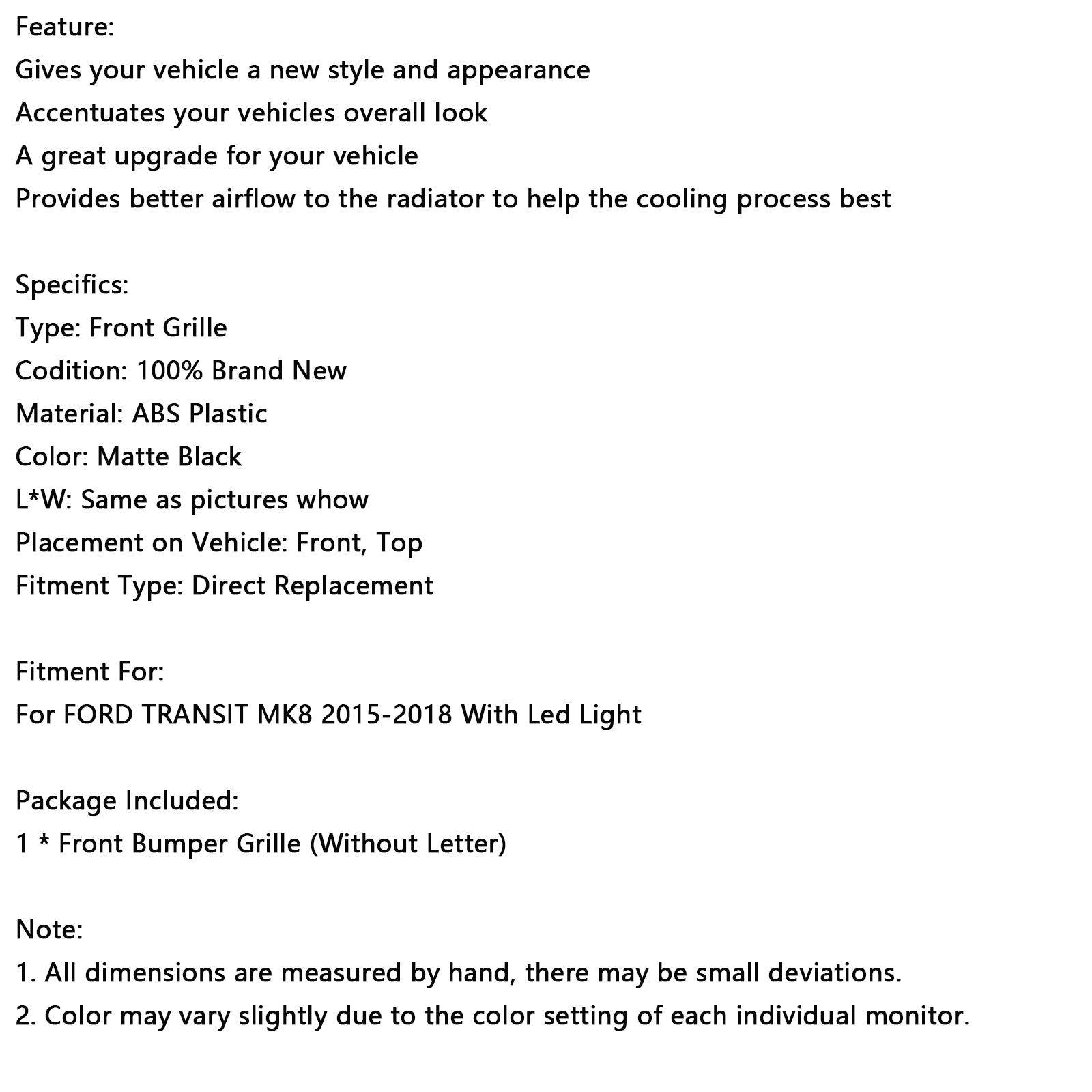 Mate de la cuadrícula delantero negro con LED para Ford Transit Mk8 Raptor 2015-2018