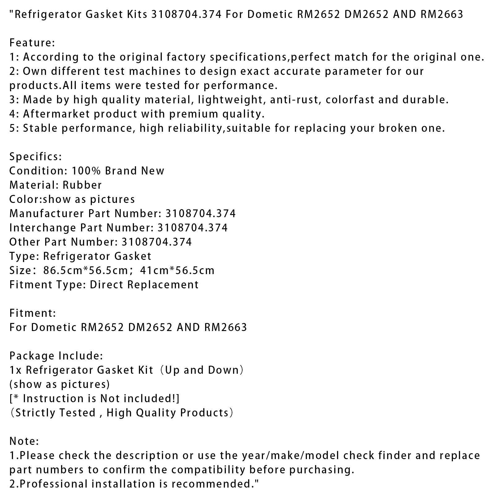 Jääkaapin tiivistesarjat 3108704.374 Yhteensopiva Dometic RM2652, DM2652 ja RM2663 kanssa