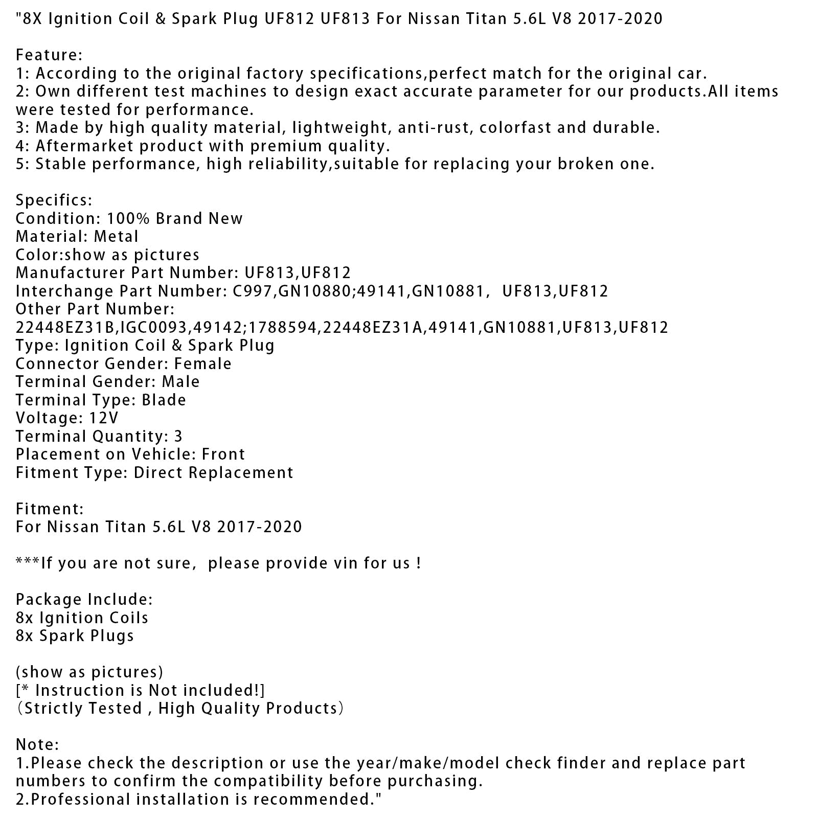 Bobine d'allumage et bougie d'allumage UF812 UF813 pour Nissan Titan 5.6L V8 8X (2017-2020)