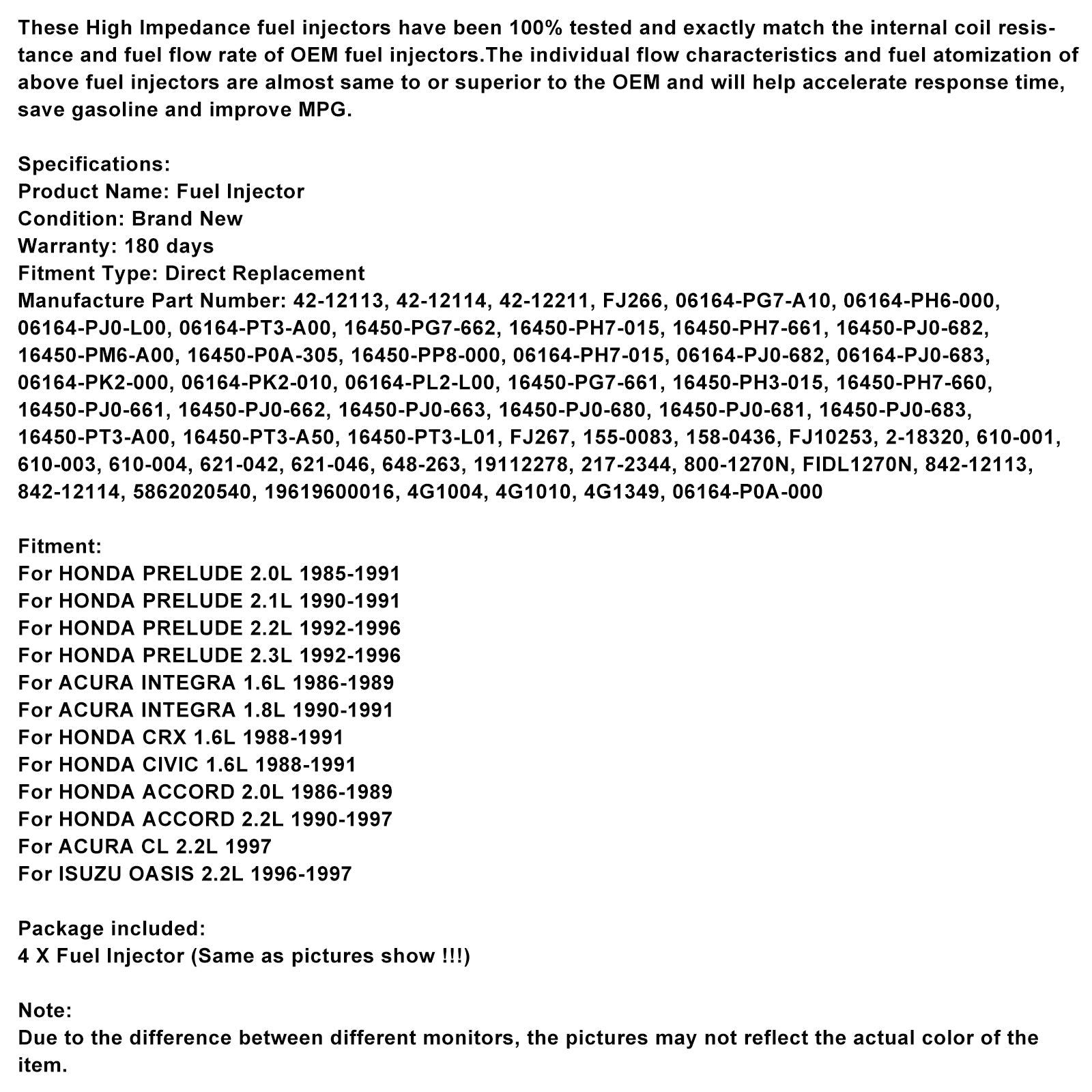 Iniettore di carburante a 4 pezzi 06164-P0A-000 per Honda Accord Prelude Civic 1990-1997