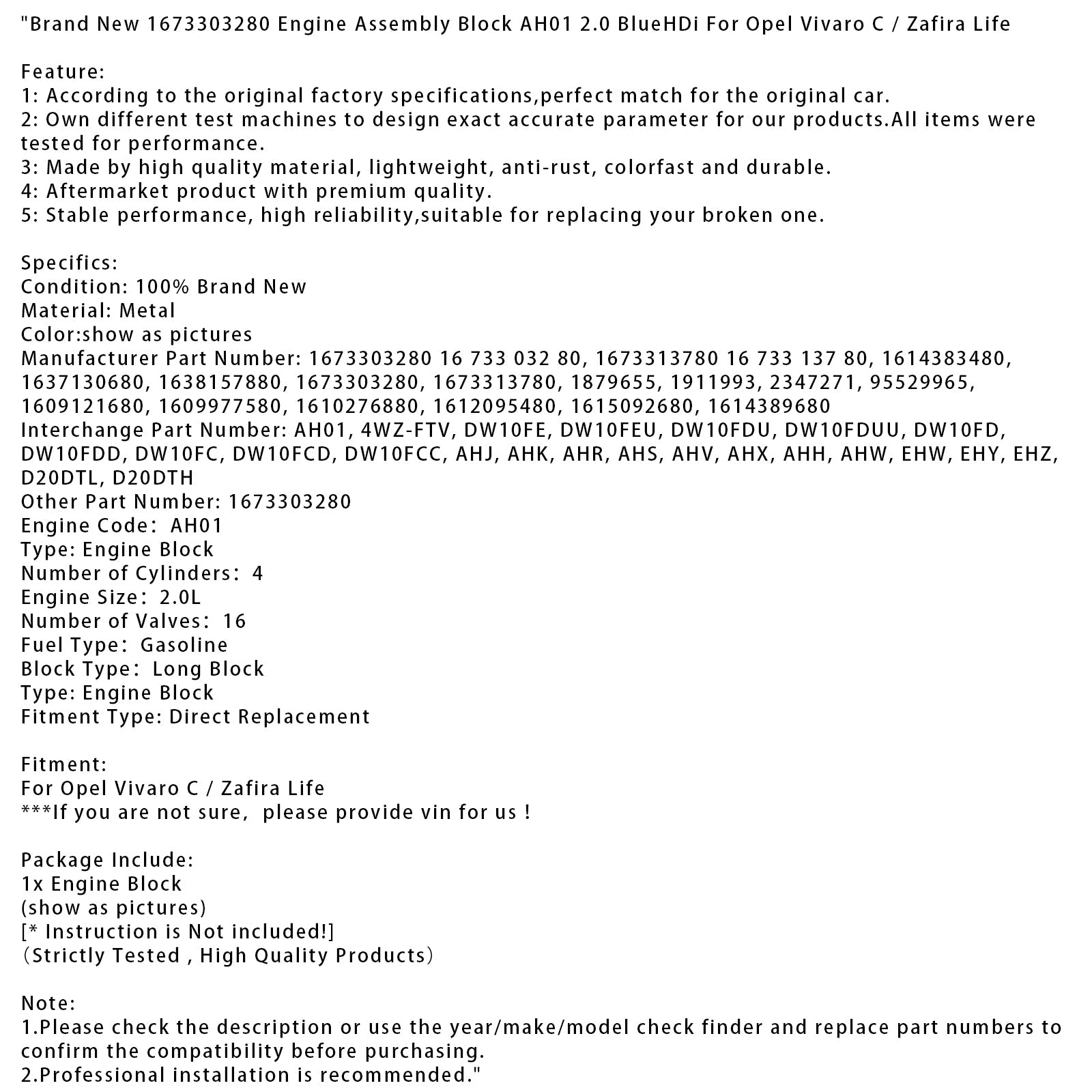 Moteur AH01 2.0 BlueHDi 1673303280 neuf pour Opel Vivaro C / Zafira Life