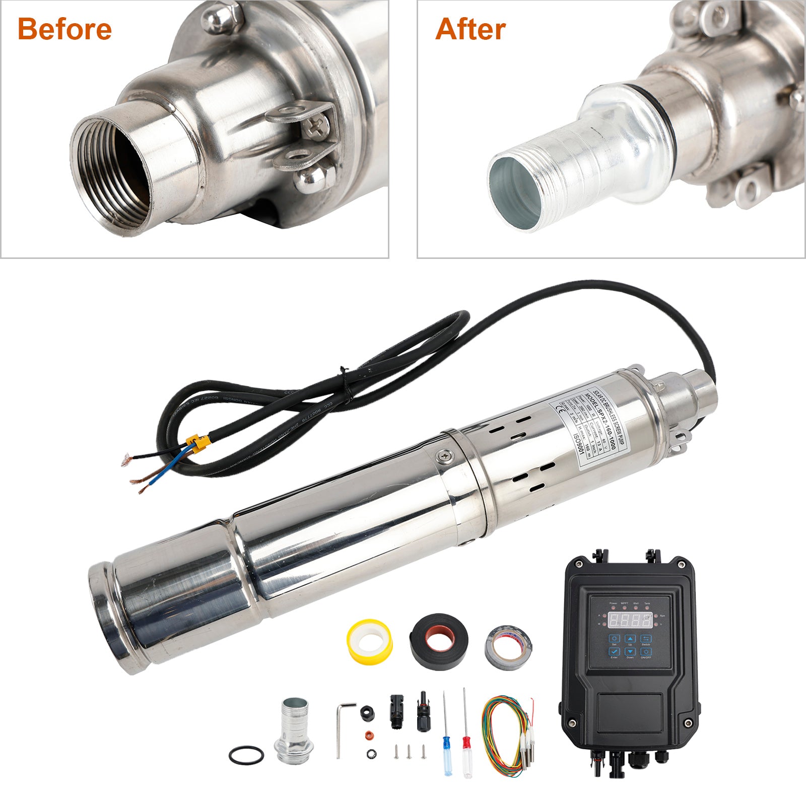 3" 60V 1KW MPPT ruuvi aurinkoporapumppu upotettava syväreikäinen teräspää 160M
3" 60V 1KW syvä kaivo aurinko upotettava reikä vesipumppupää 160M