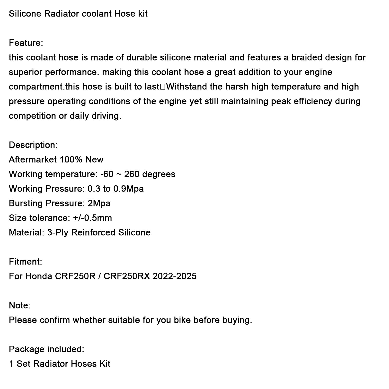 Durite de refroidissement en silicone pour radiateur Honda CRF250R et CRF250RX (2022-2025)