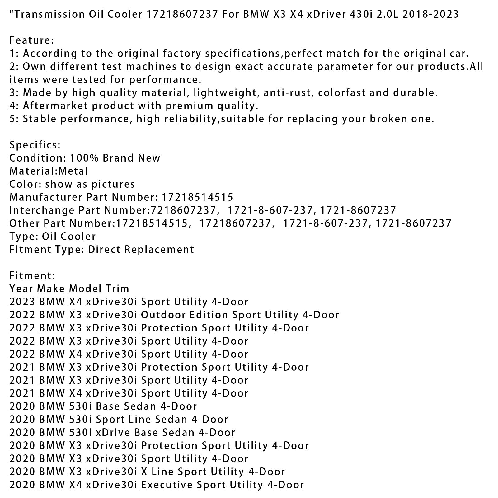 Hladilnik d&Olje za menjalnik 17218607237 za BMW X3 xDrive30i Sport Utility 4-vratna limuzina (2018–2022)