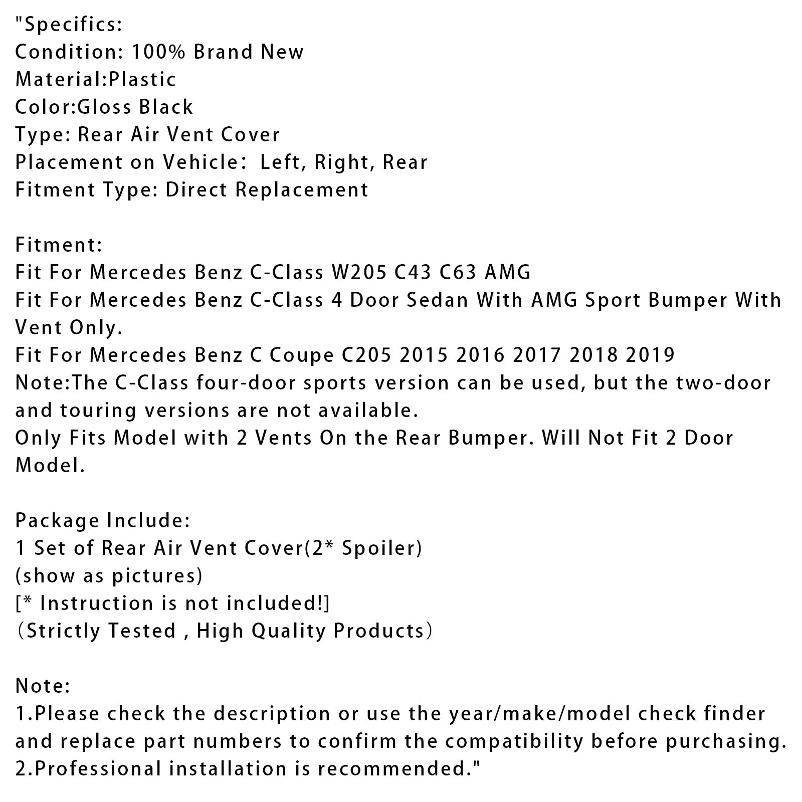 Couvercle de ventilation arrière noir brillant pour Benz Classe C W205 C43 C63 2014-2019