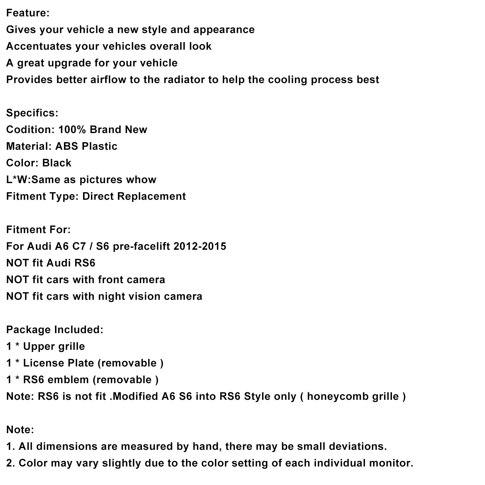 Satasta sprednja maska&RS6 v stilu čebele za Audi A6 S6 C7 2012–2015