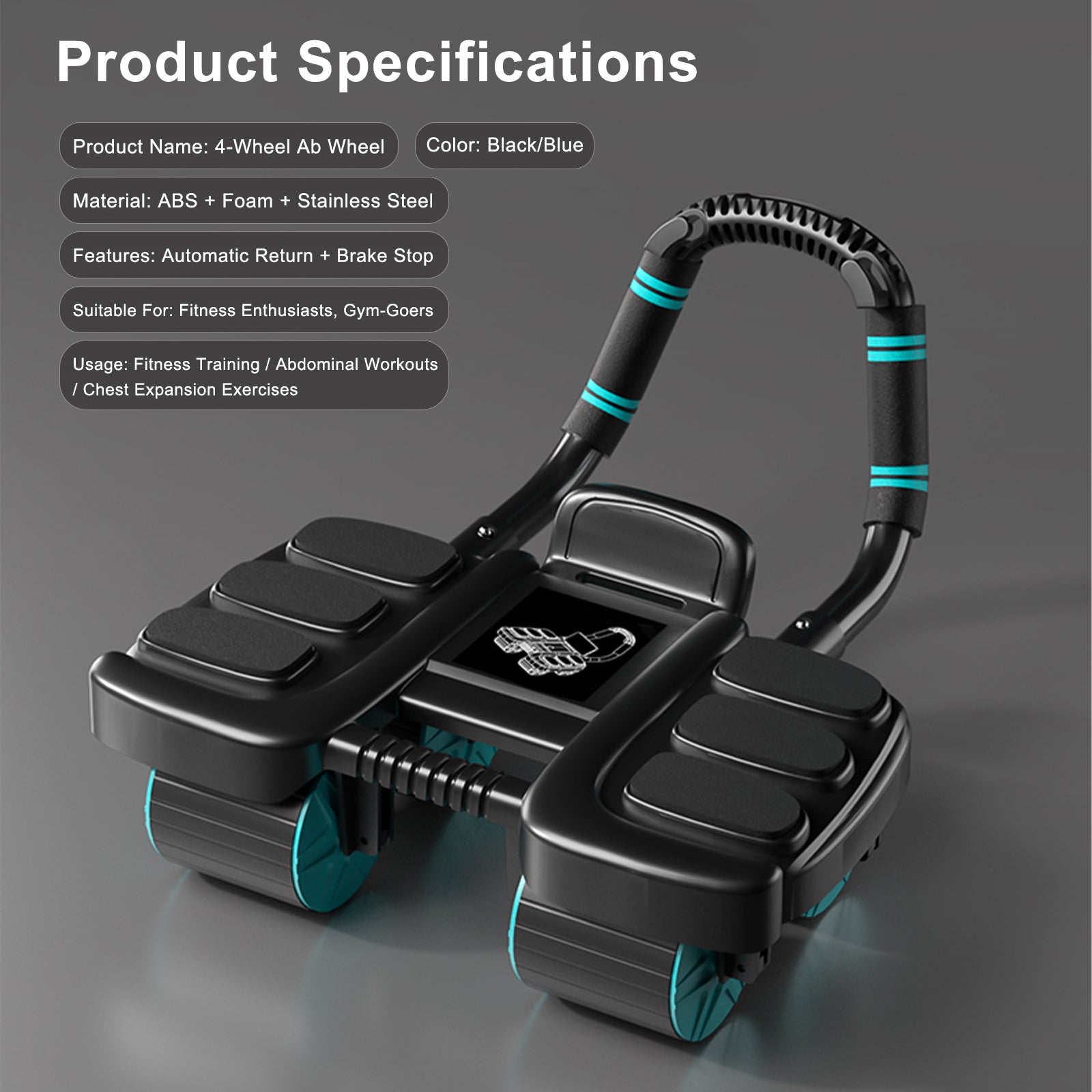 Équipement de Gym Domestique Portable - Roue Abdominale à Rebond Automatique Bleue avec Support de Coude et Stabilité à 4 Roues - Inclut une Minuterie - Entraîneur de Gainage Parfait pour Hommes et Femmes