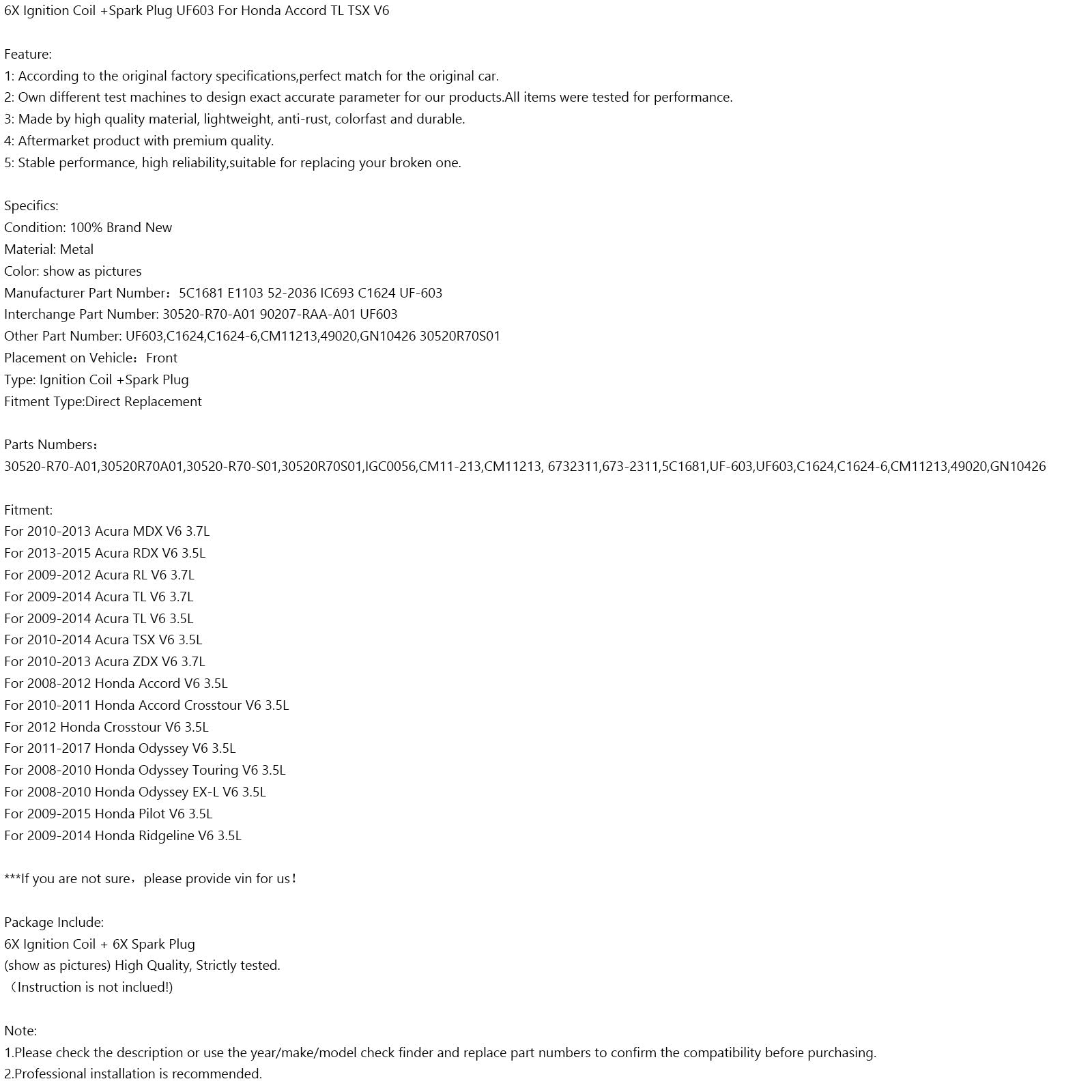 Acura MDX V6 2010-2013 3,7L Cewka zapłonowa + UF603 Świeca zapłonowa 5C1681 6szt