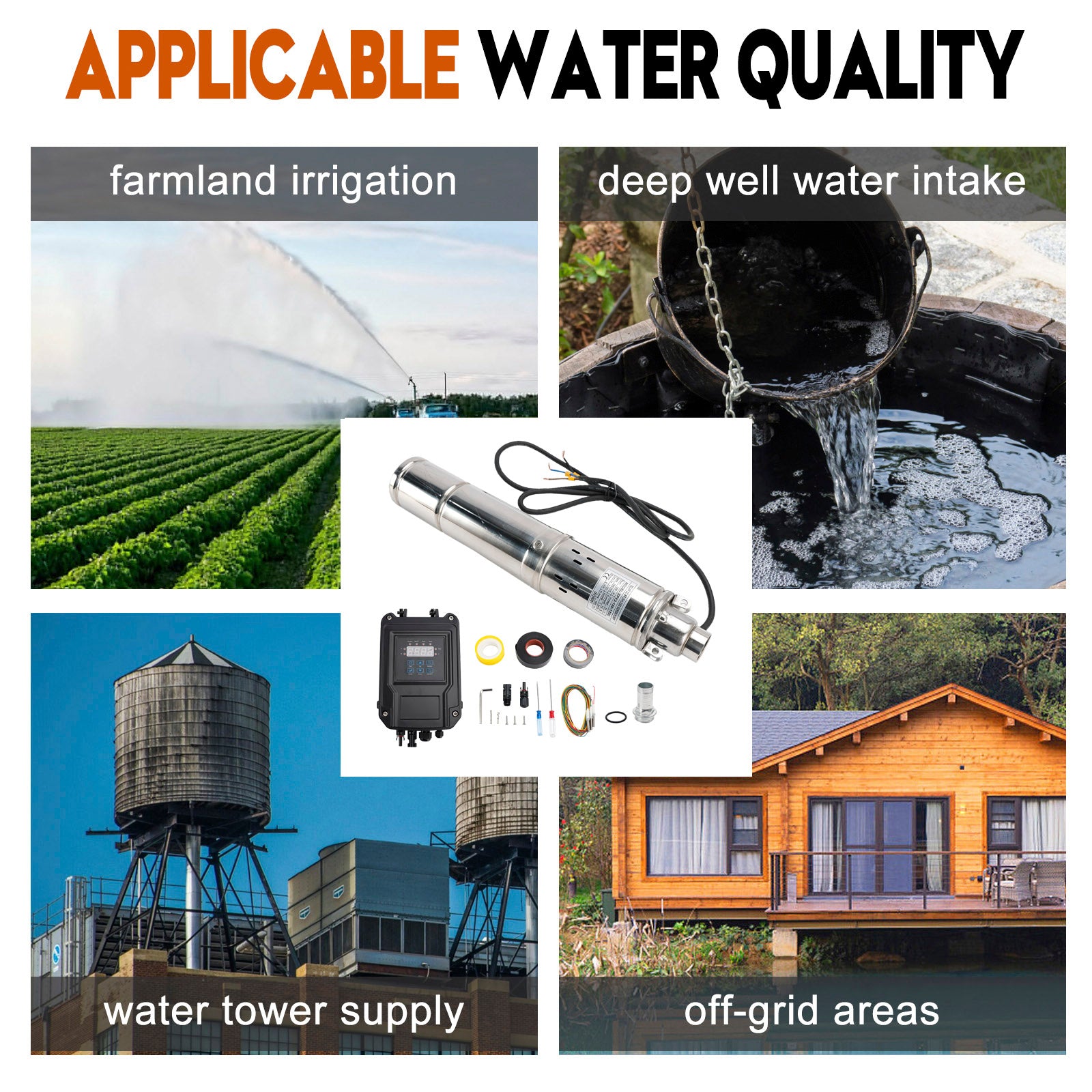 72 V 1,2 kW upotettava aurinkopumppu syvään kaivoon, joka pystyy nostamaan jopa 180 metrin korkeuden