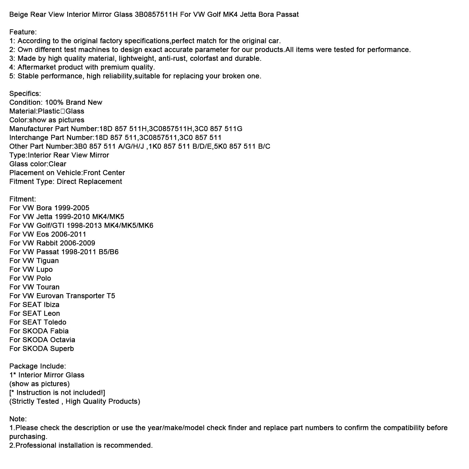 Lusterko wsteczne wewnętrzne beżowe 3B0857511H do VW Golf MK4 Jetta Bora