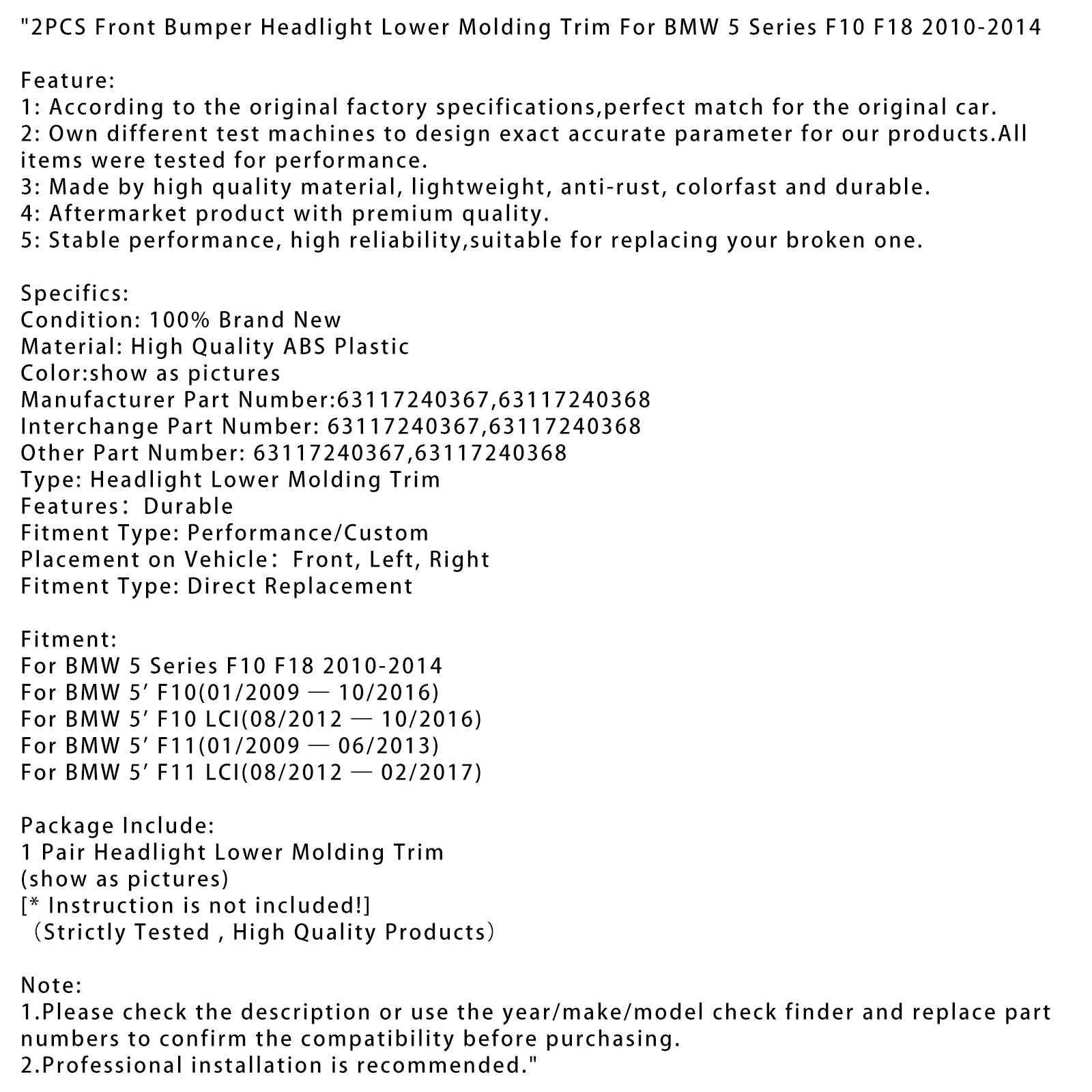 Lotto di 2 fari inferiori di fari anteriori per BMW 5 F10 F18 10-14 Serie