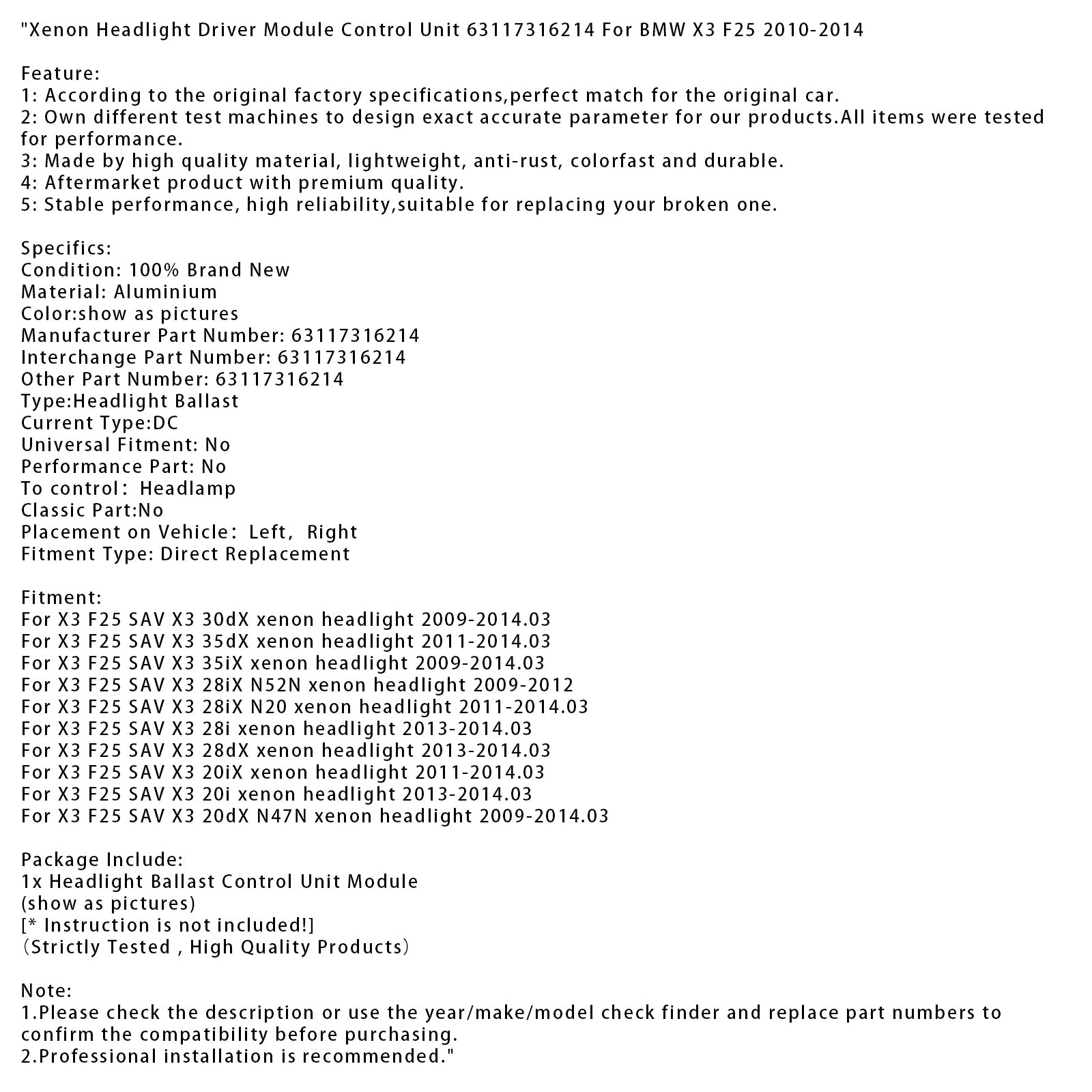 Moduł sterowania reflektorem w Xenon dla BMW x3 F25 Sav x3 35dx (2011-2014) 63117316214