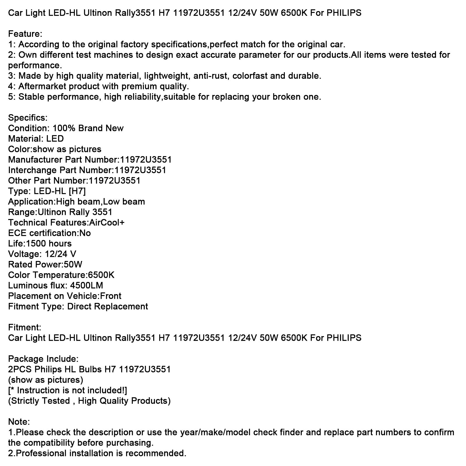 Phare de voiture LED-HL Ultinon Rally3551 H7 11972U3551 12/24 V 50 W 6 500 K pour PHILIPS