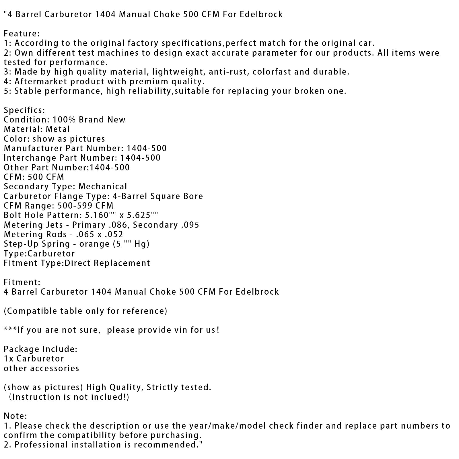 Carburateur Edelbrock 4 barils 1404 starter manuel 500 CFM