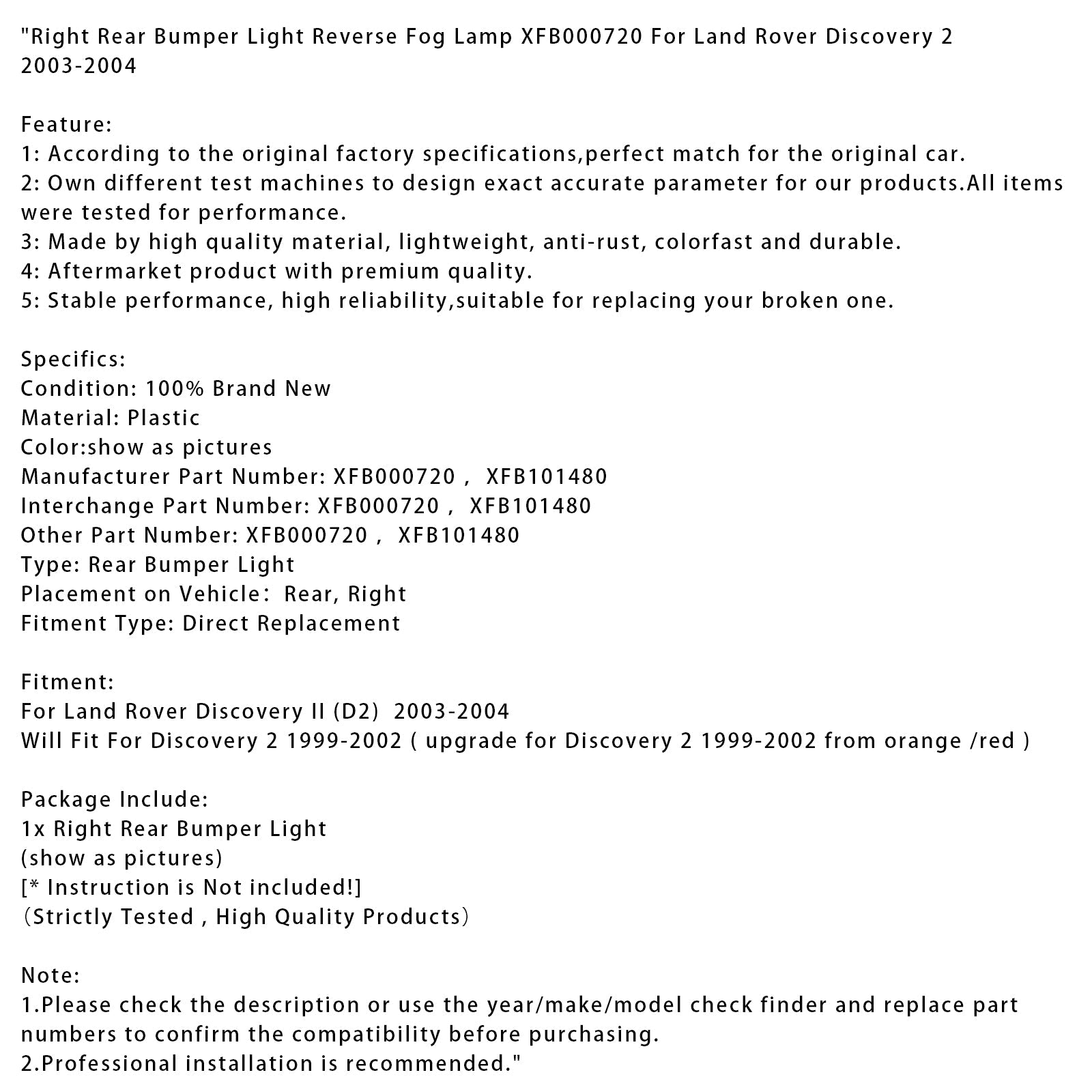 Feu de recul antibrouillard arrière droit pour Land Rover Discovery 2 (2003-2004)