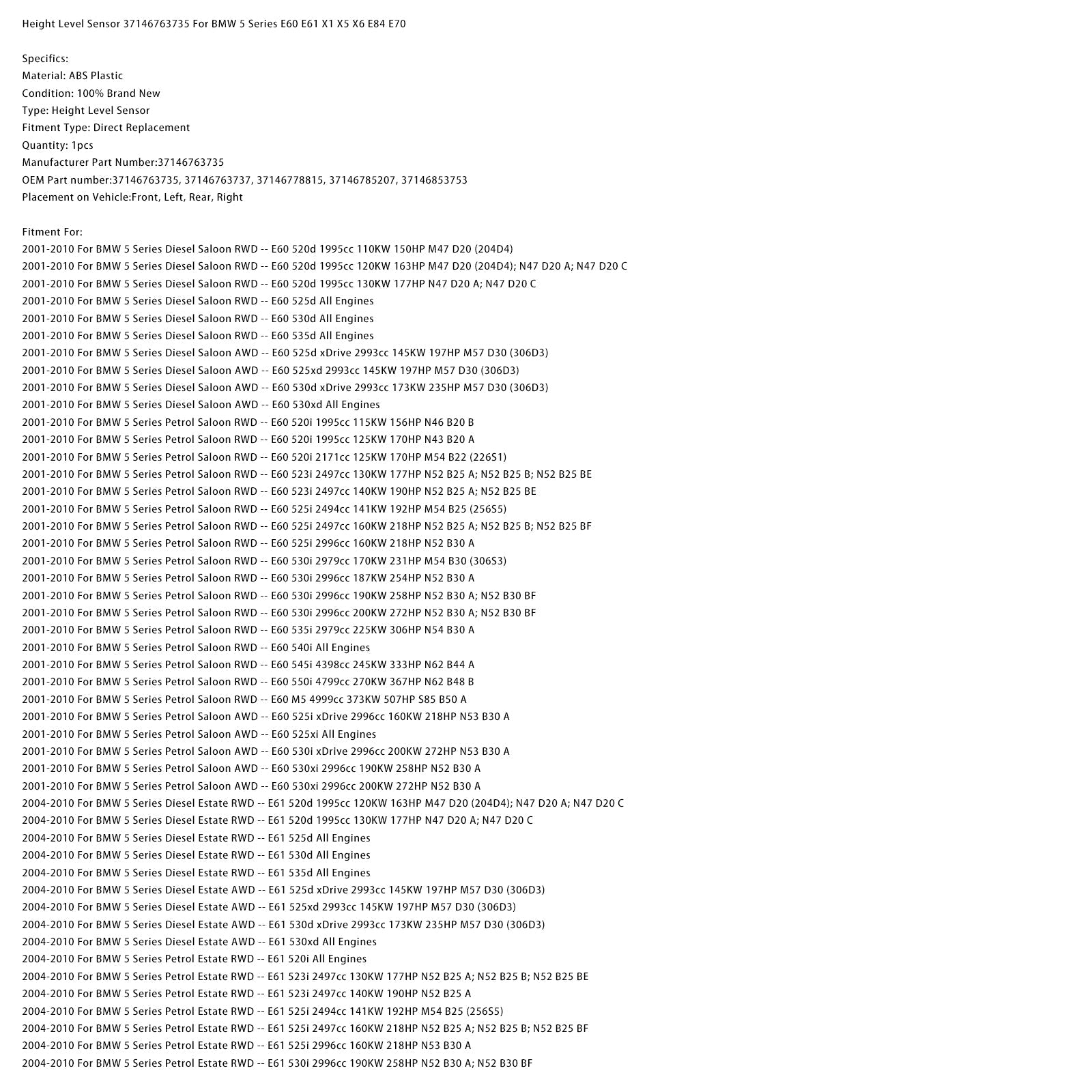 Capteur de niveau de hauteur 37146763735 pour BMW Série 5 E60 E61 X1 X5 X6 E84 E70