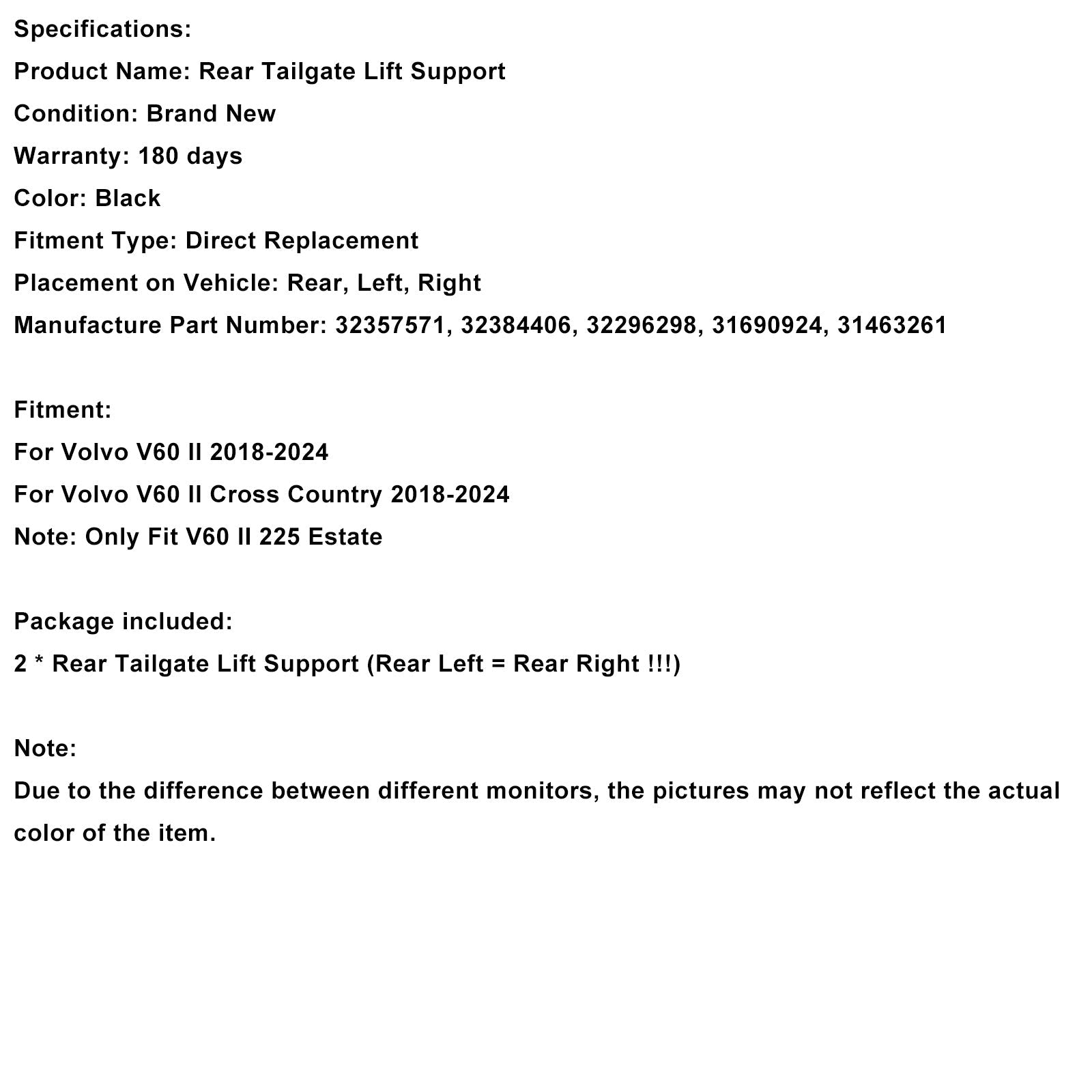 Amortiguador de gas eléctrico para portón trasero (2 piezas) para Volvo V60 II (2018-2024) - Número de pieza :32357571