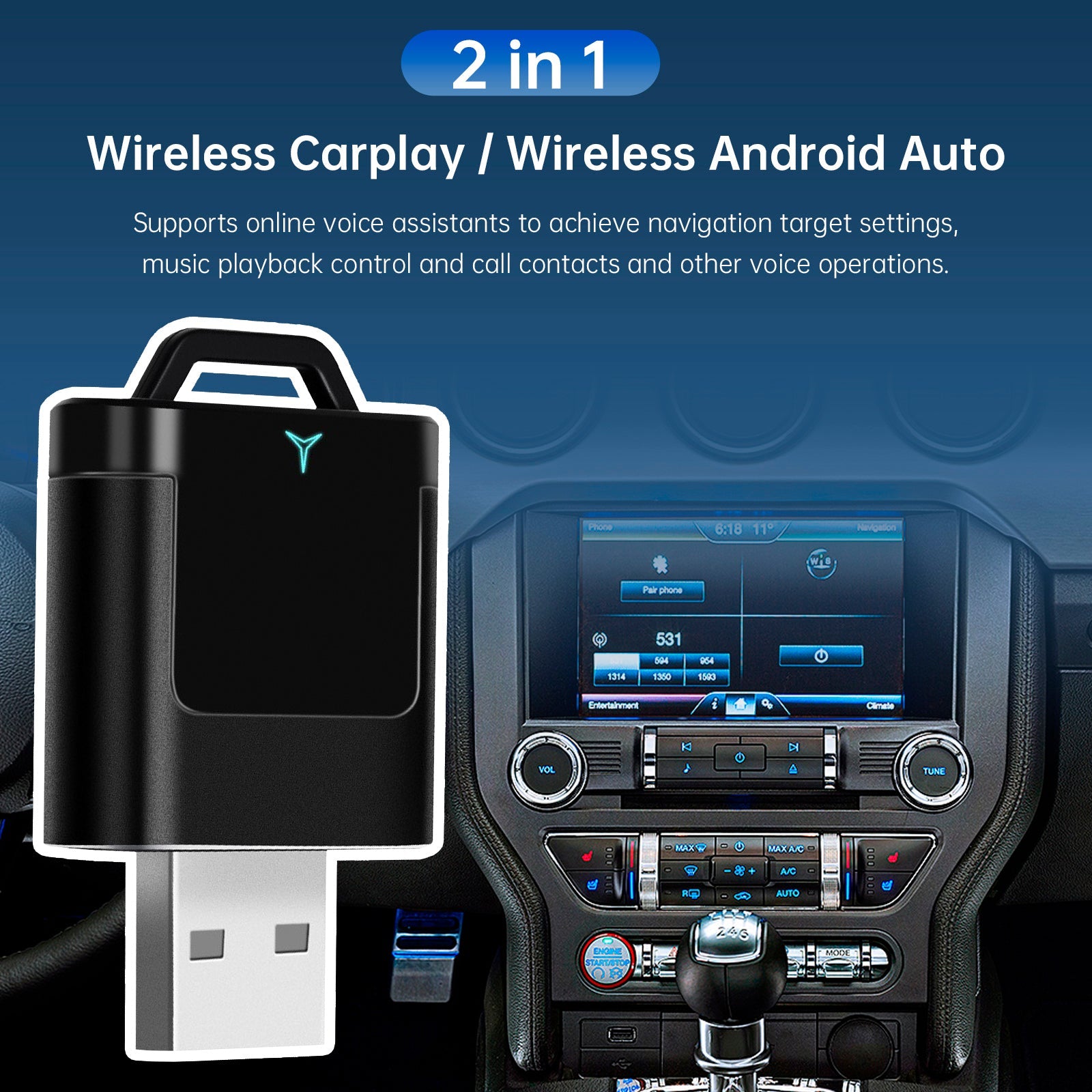 Adaptateur 2 en 1 sans fil Apple CarPlay et Android Auto : passage d'une fonction filaire à une fonction sans fil CarPlay.