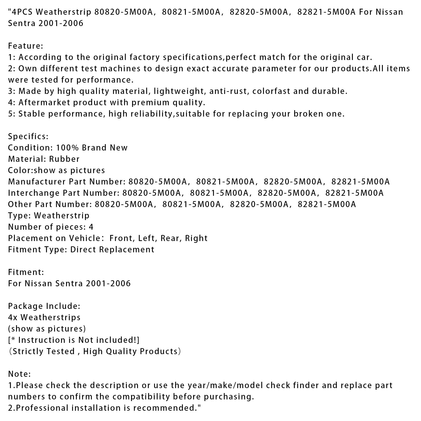 Joint d'étanchéité (4 pièces) pour Nissan Sentra 2001-2006 : références 80820-5M00A et 82821-5M00A