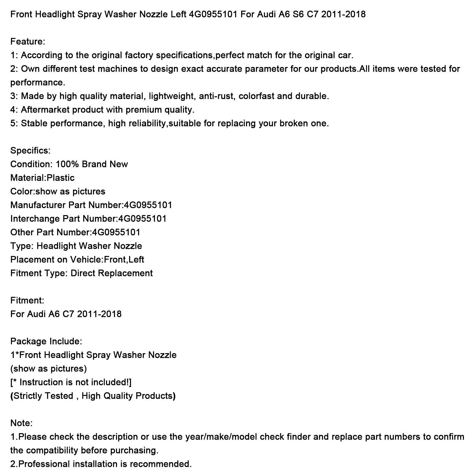 Dysza spryskiwacza reflektora przedniego lewego do Audi A6 C7 (2011-2018) - Numer części : 4G0955101