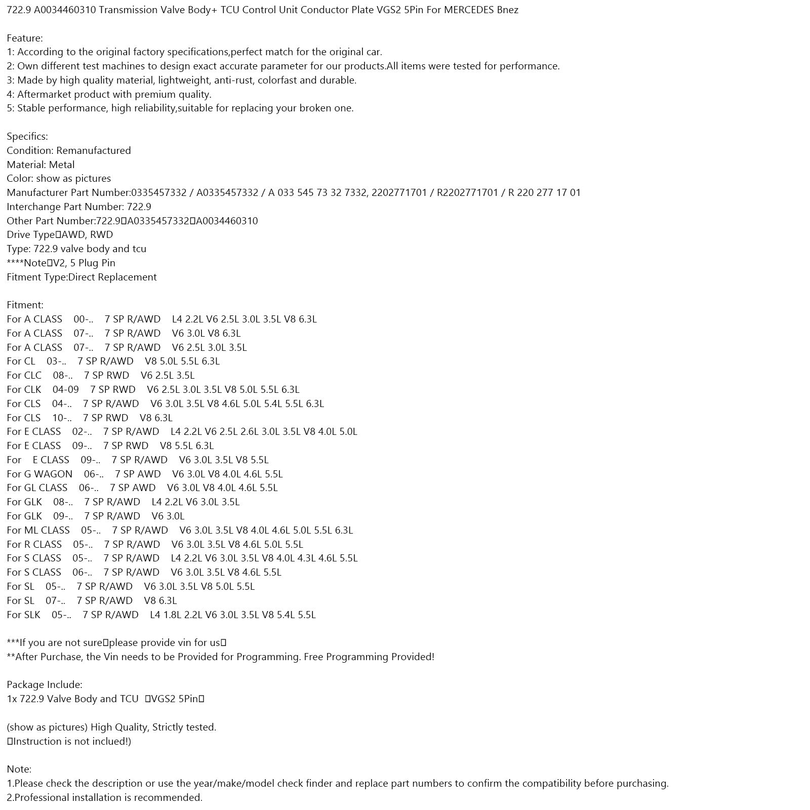 722.9 A0034460310 Transmission Valve Body+ TCU Control Unit Pour MERCEDES Bnez