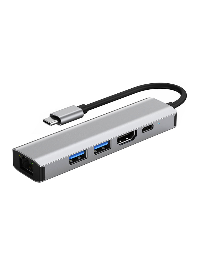 Adaptateur 5 en 1 TYPE-C vers USB 3.0*1 + USB 2.0*1 + PD100W/USB-C Data + HDMI + carte réseau 100M pour iPad