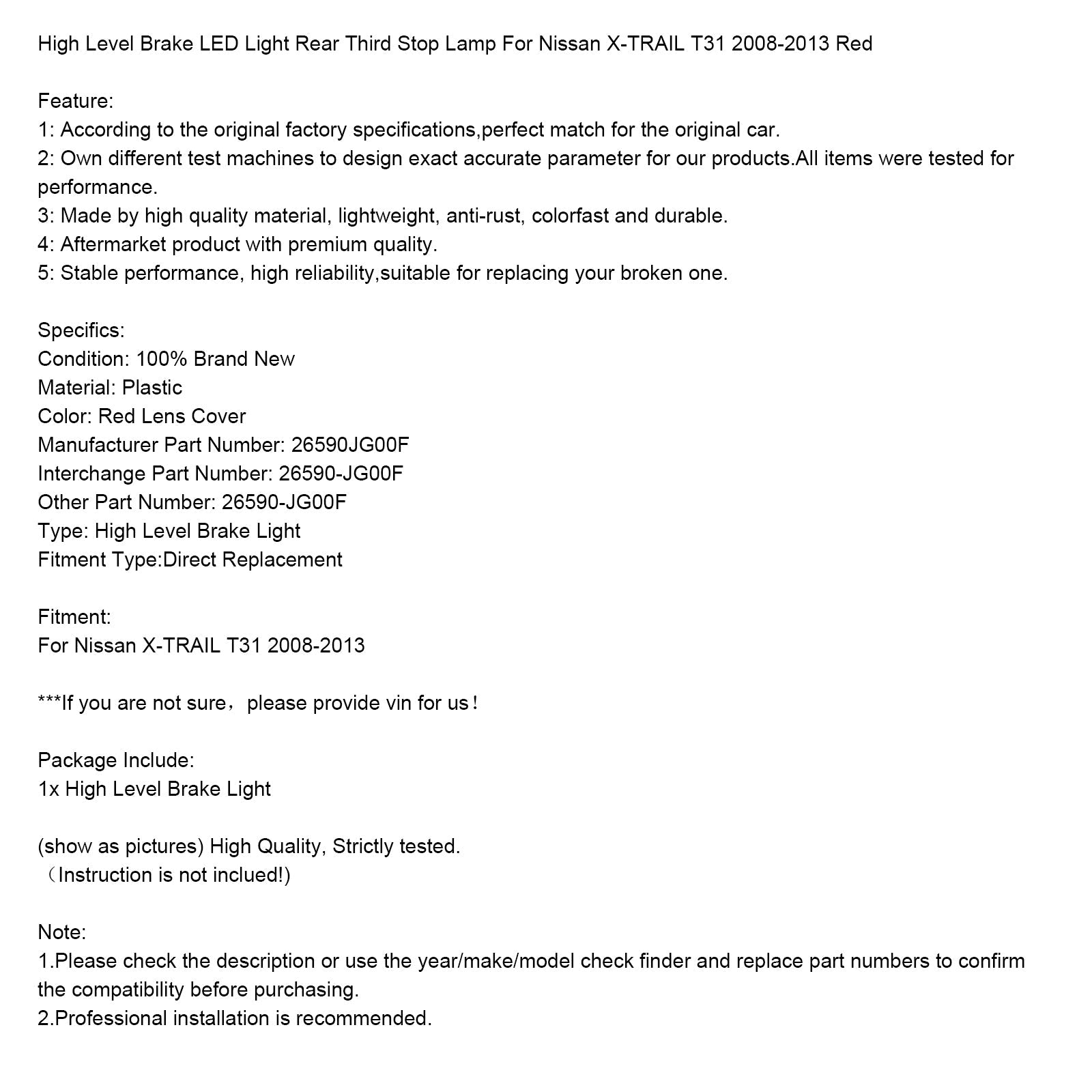 Tylne światło hamowania LED wysokiego poziomu dla Nissan X-TRAIL T31 2008-2013 26590JG00F