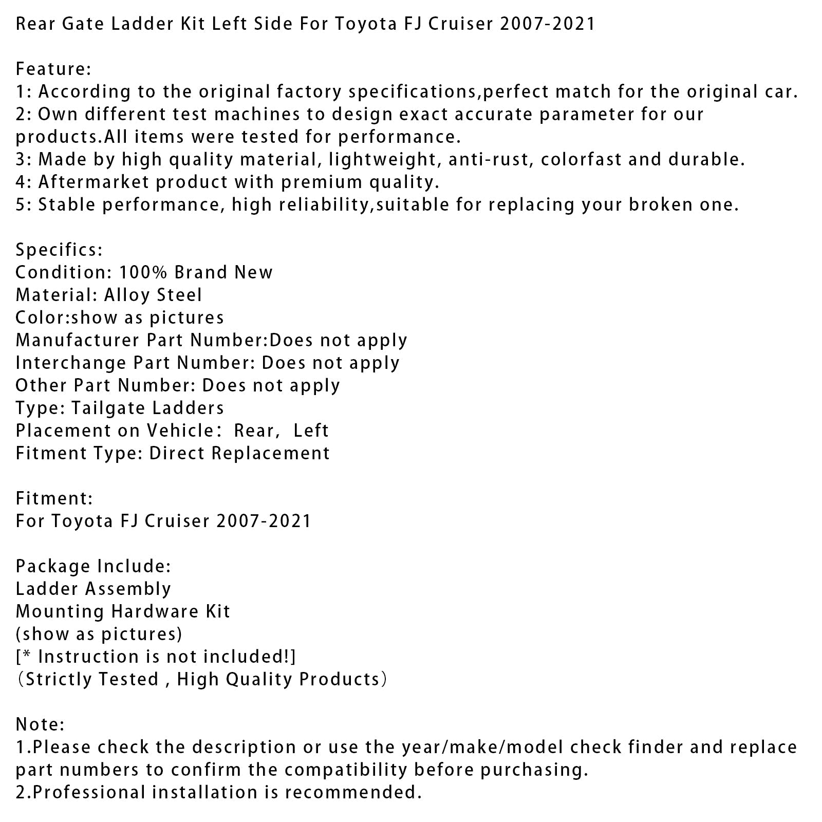 Kit d'échelle de hayon arrière côté gauche pour Toyota FJ Cruiser 2007-2021