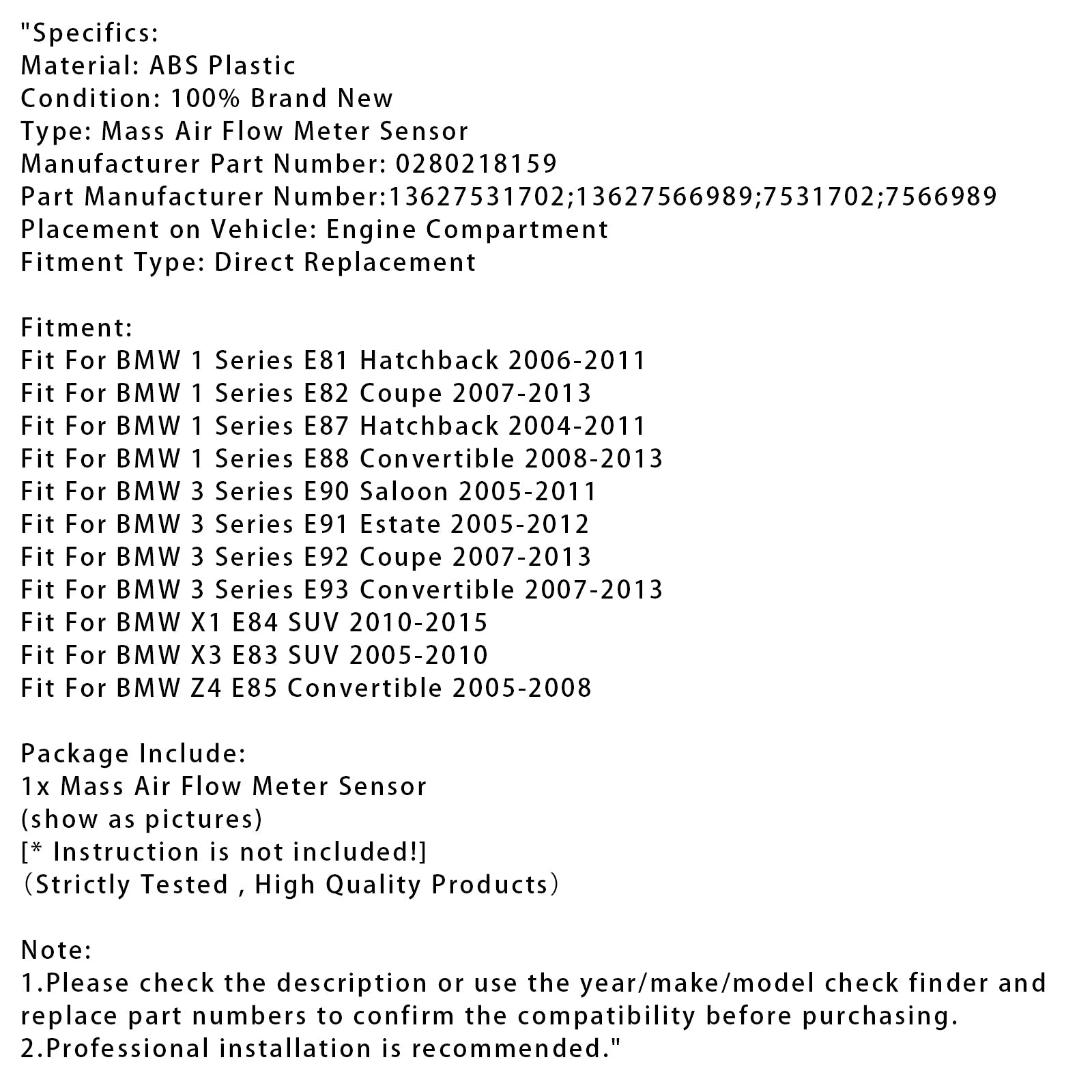 Senzor merilnika pretoka d'zračna masa za BMW E82 E87 E90 E91 E92 04-12 0280218159