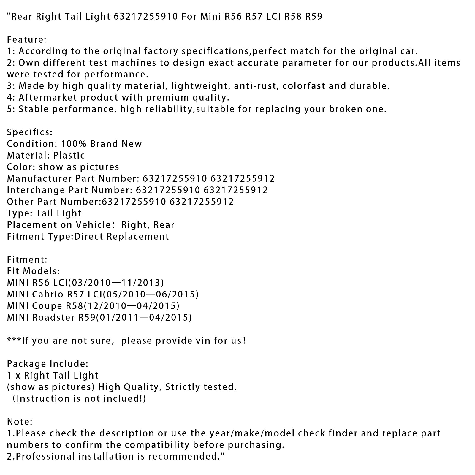 Achterkant achterlicht 63217255910 voor Mini R56 R57 LCI R58 R59