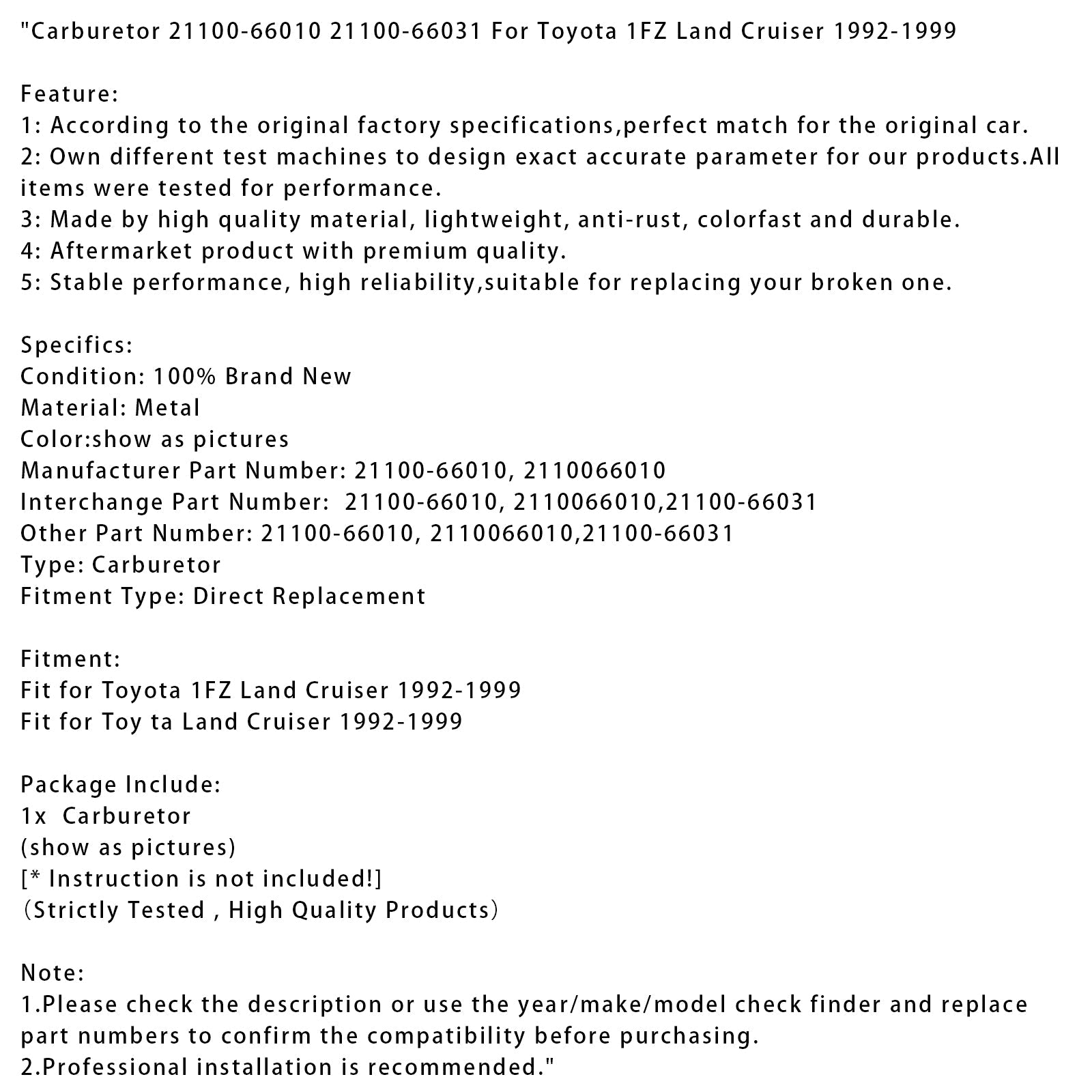 Carburateur Toyota 1FZ Land Cruiser 1992-1999 21100-66010 21100-66031