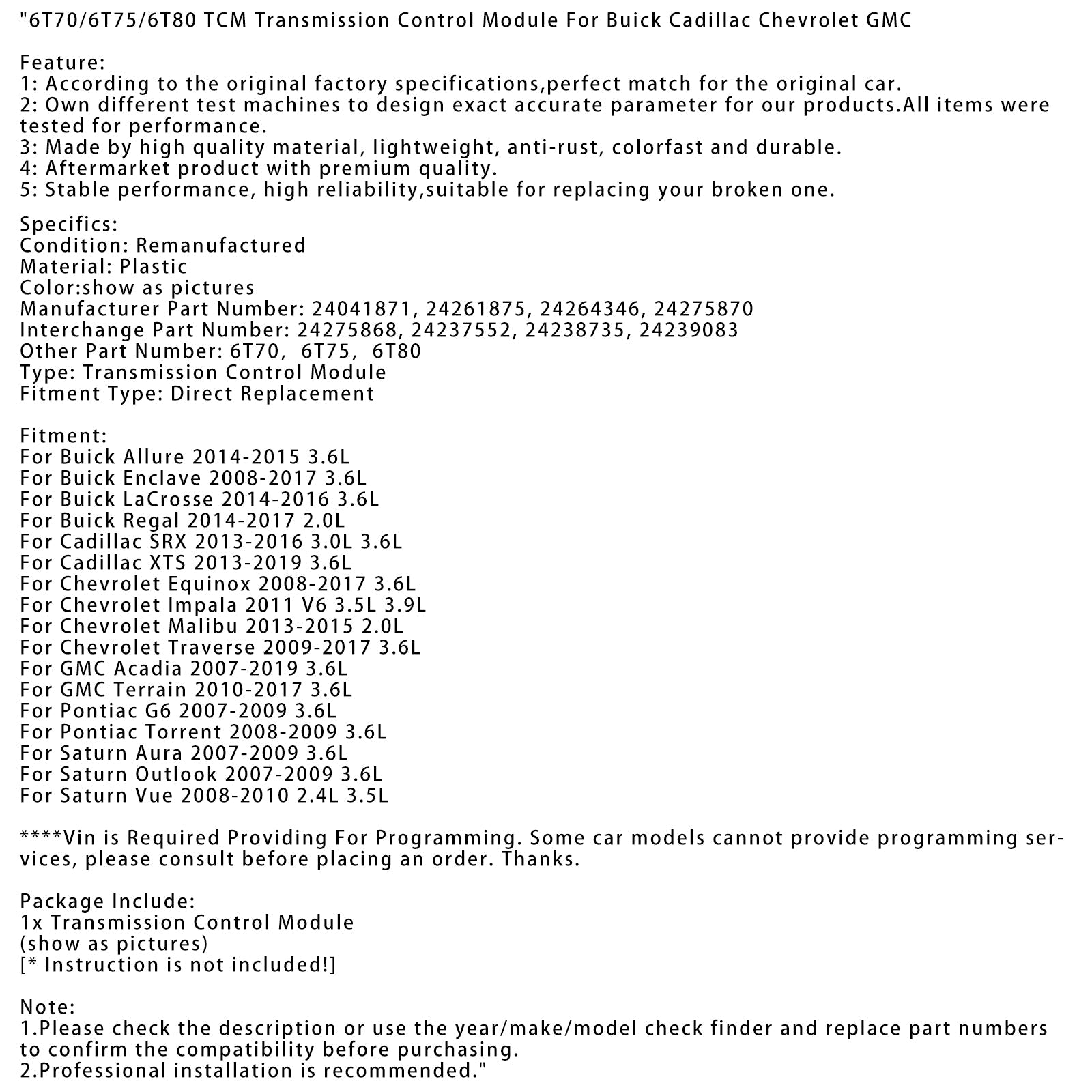 TCM-vaihteiston ohjausmoduuli 24041871 24275868 24261875 Saturn Outlook 3.6L 6T70/6T75/6T80 2007-2009