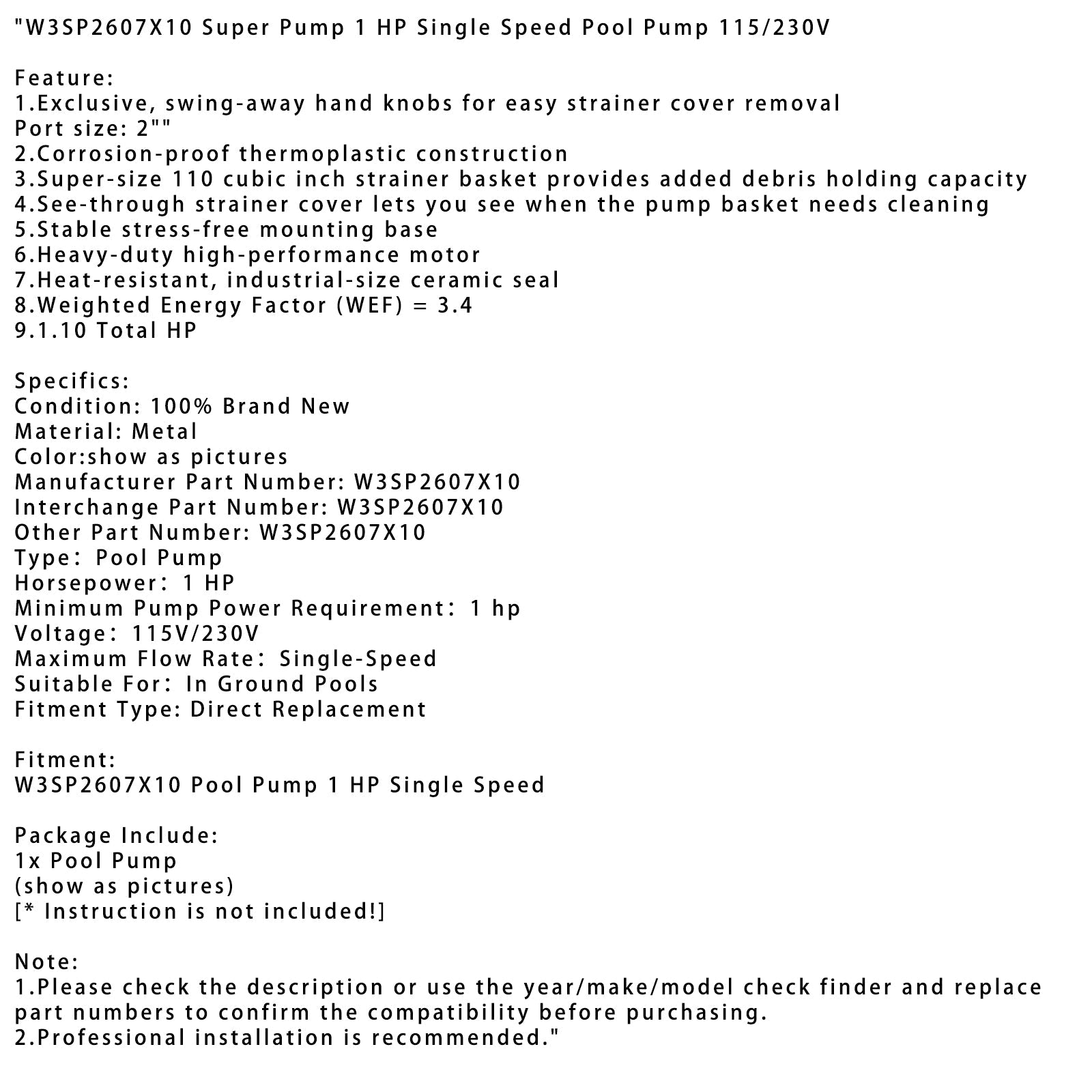 Pompa basenowa o pojedynczej prędkości W3SP2607X10 Super Pompa 1 KM 115/230 V