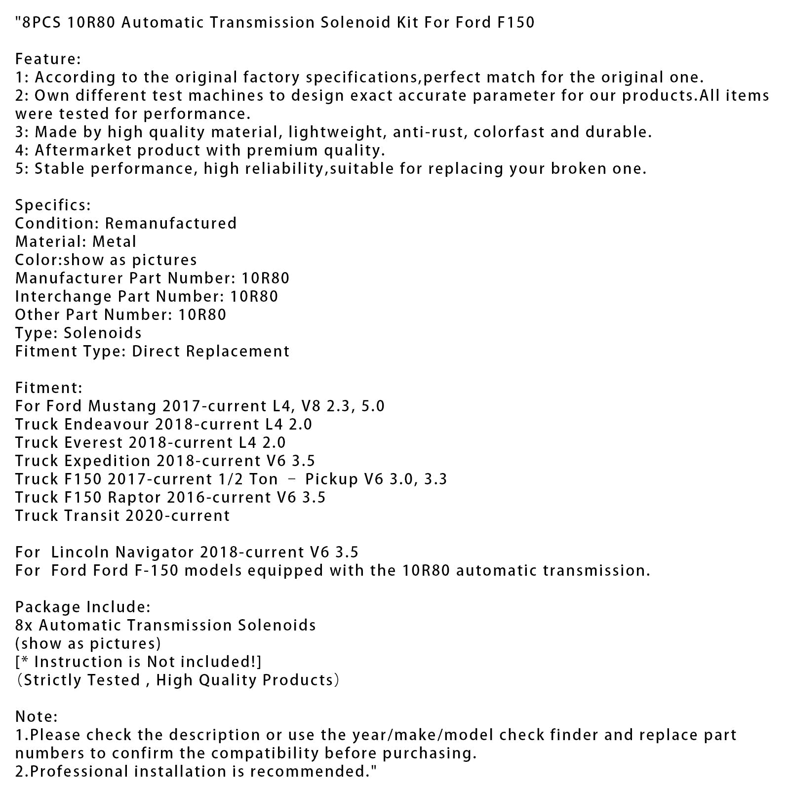 Kit de 8 solénoïdes de transmission automatique 10R80 pour Ford F150 1/2 tonne (2017-présent) – Pickup V6 3.0 3.3