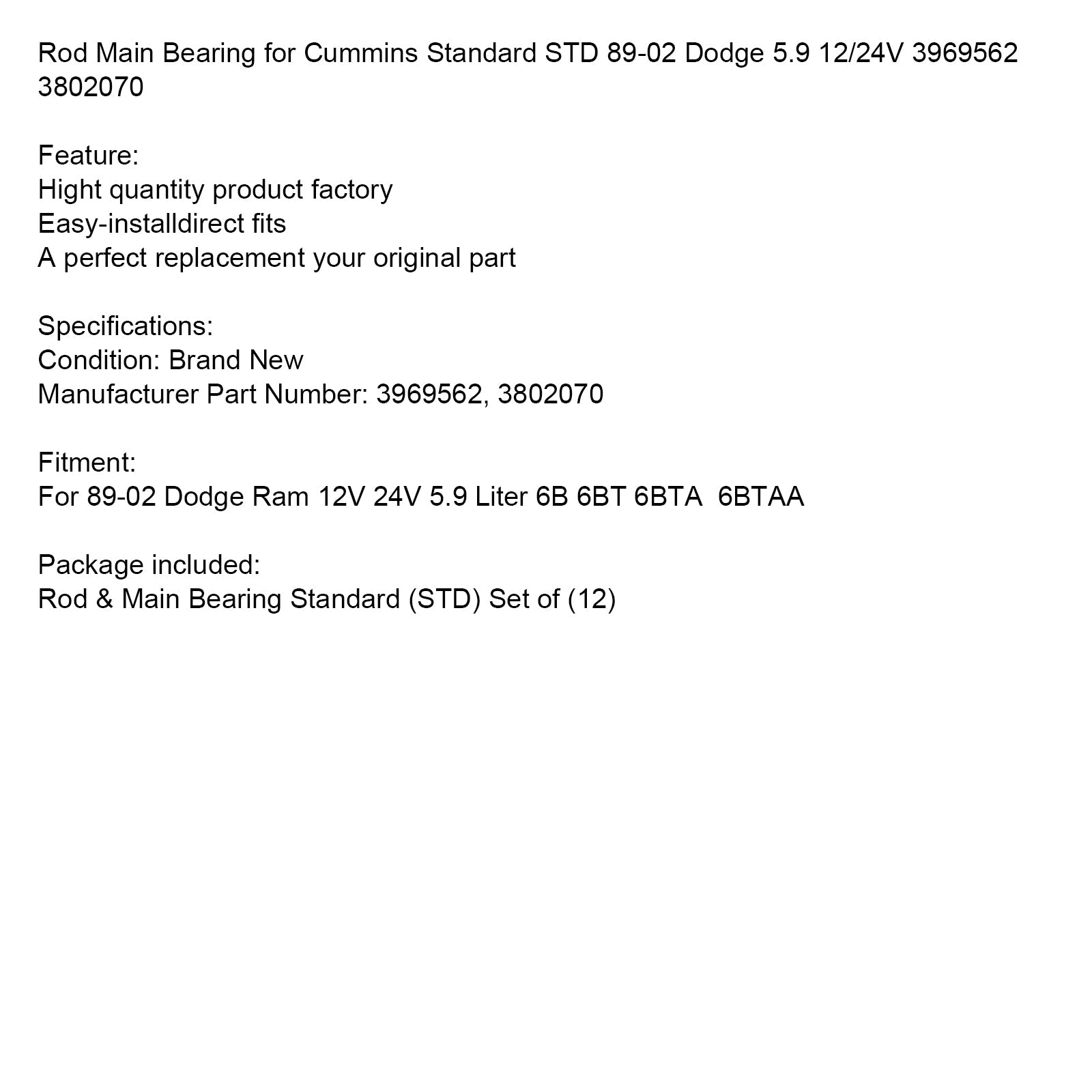 Standardni (STD) glavni ležaj ojnice za Dodge 5.9 12/24V Cummins (1989-2002) Referenci: 3969562 in 3802070